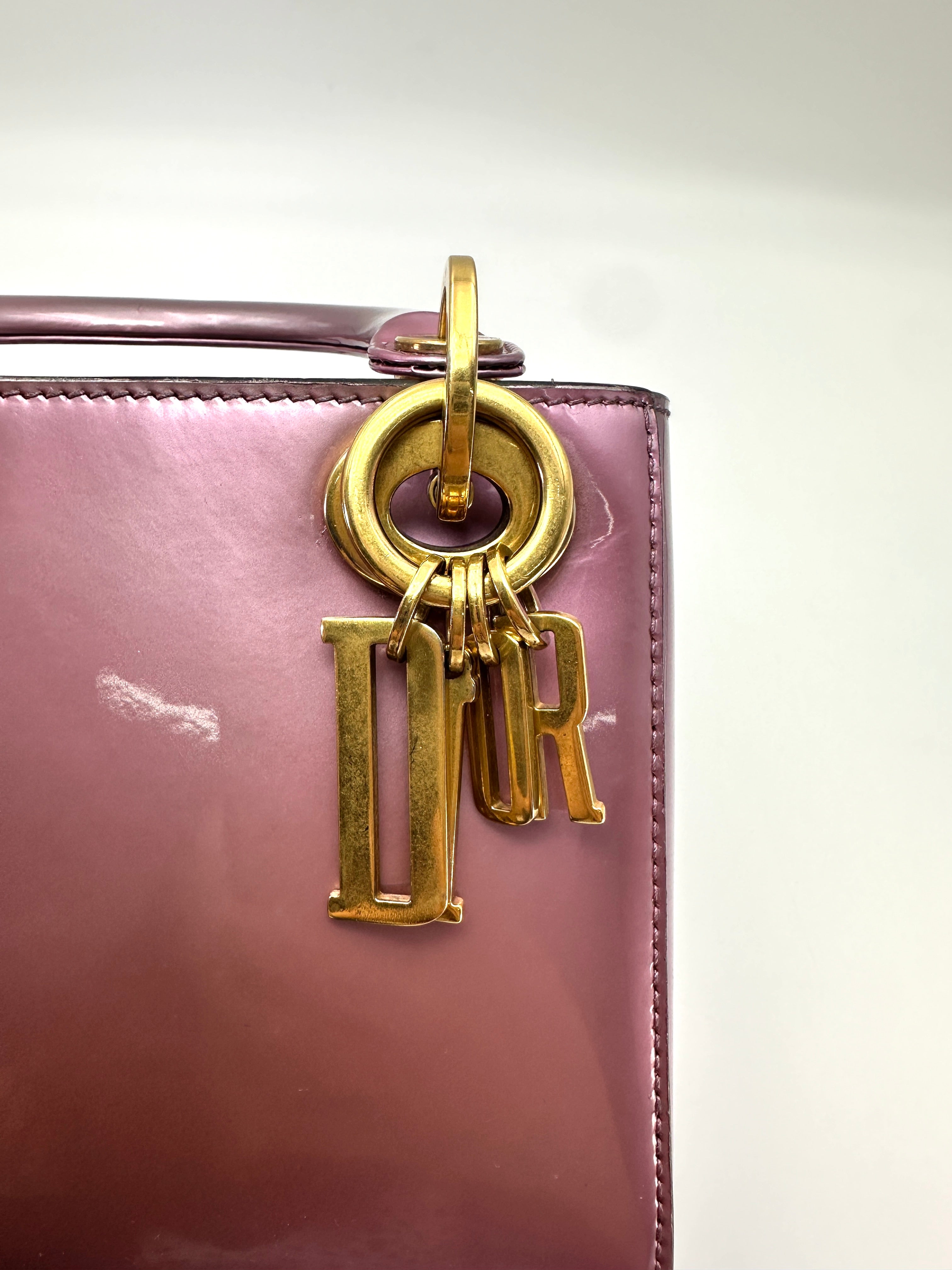 Christian Dior Lady Dior Metallic Pink Patent Leather Handle Bag DR891