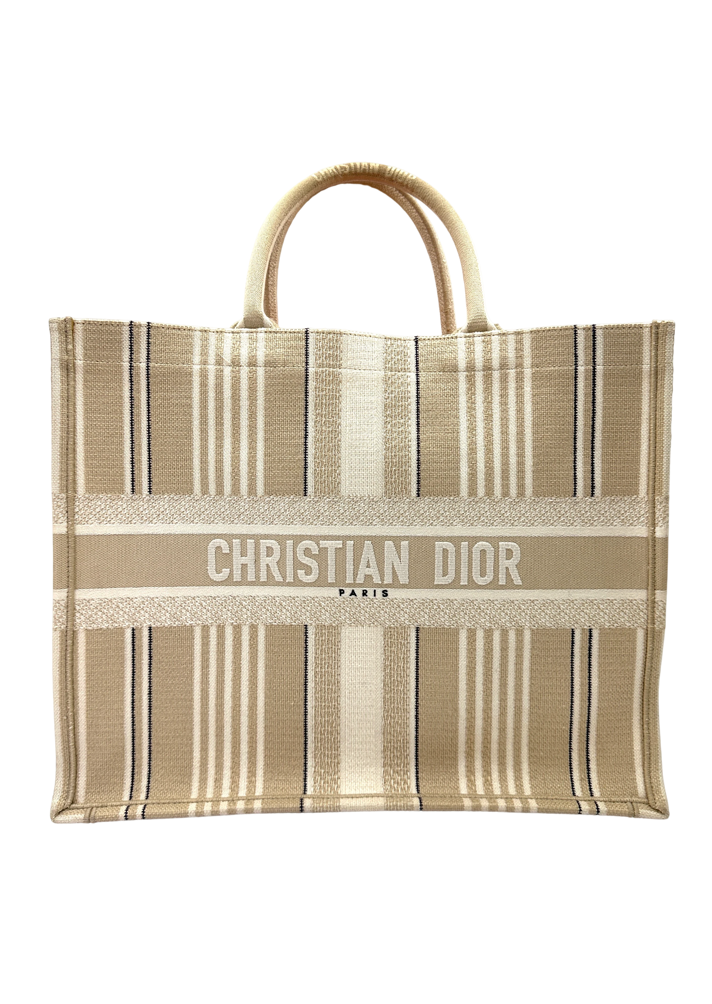 Christian Dior White Striped Canvas Large Size Book Tote Bag DR893