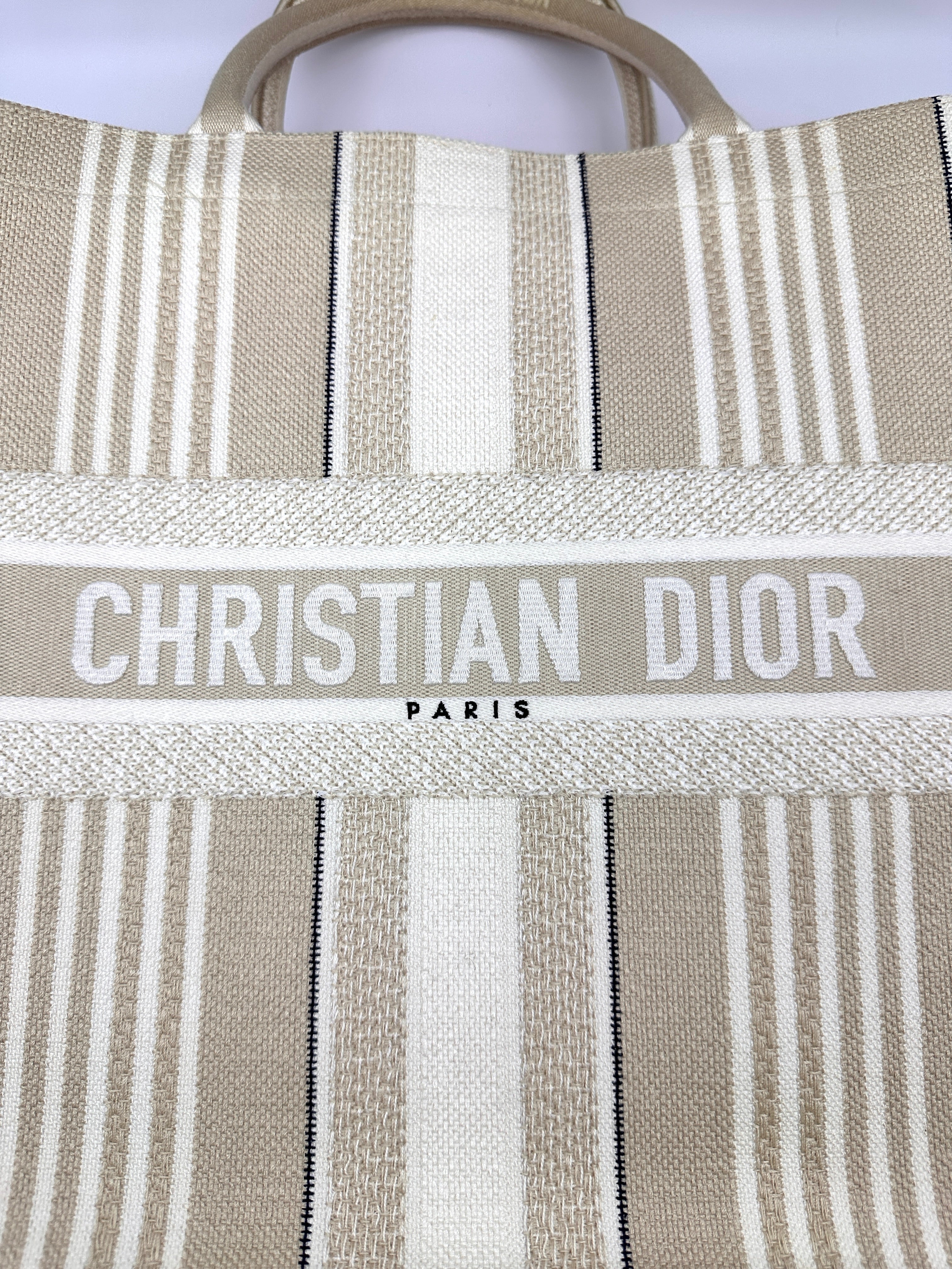 Christian Dior White Striped Canvas Large Size Book Tote Bag DR893