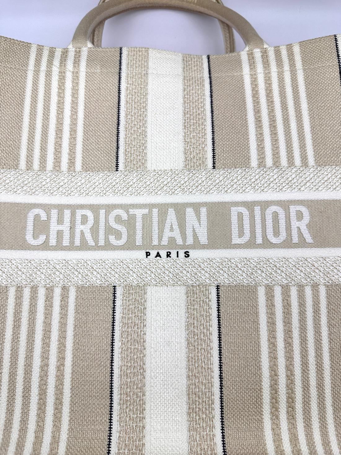 Christian Dior White Striped Canvas Large Size Book Tote Bag DR893