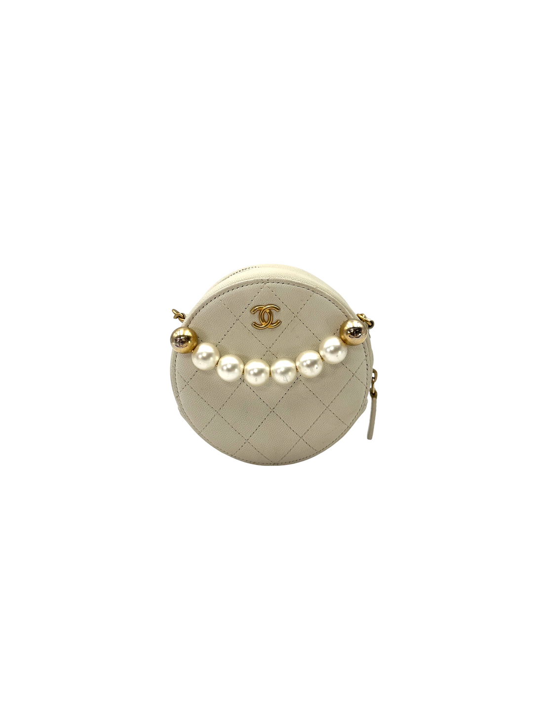 Chanel White Quilted Leather Pearl Round Clutch(29***84) CC2492