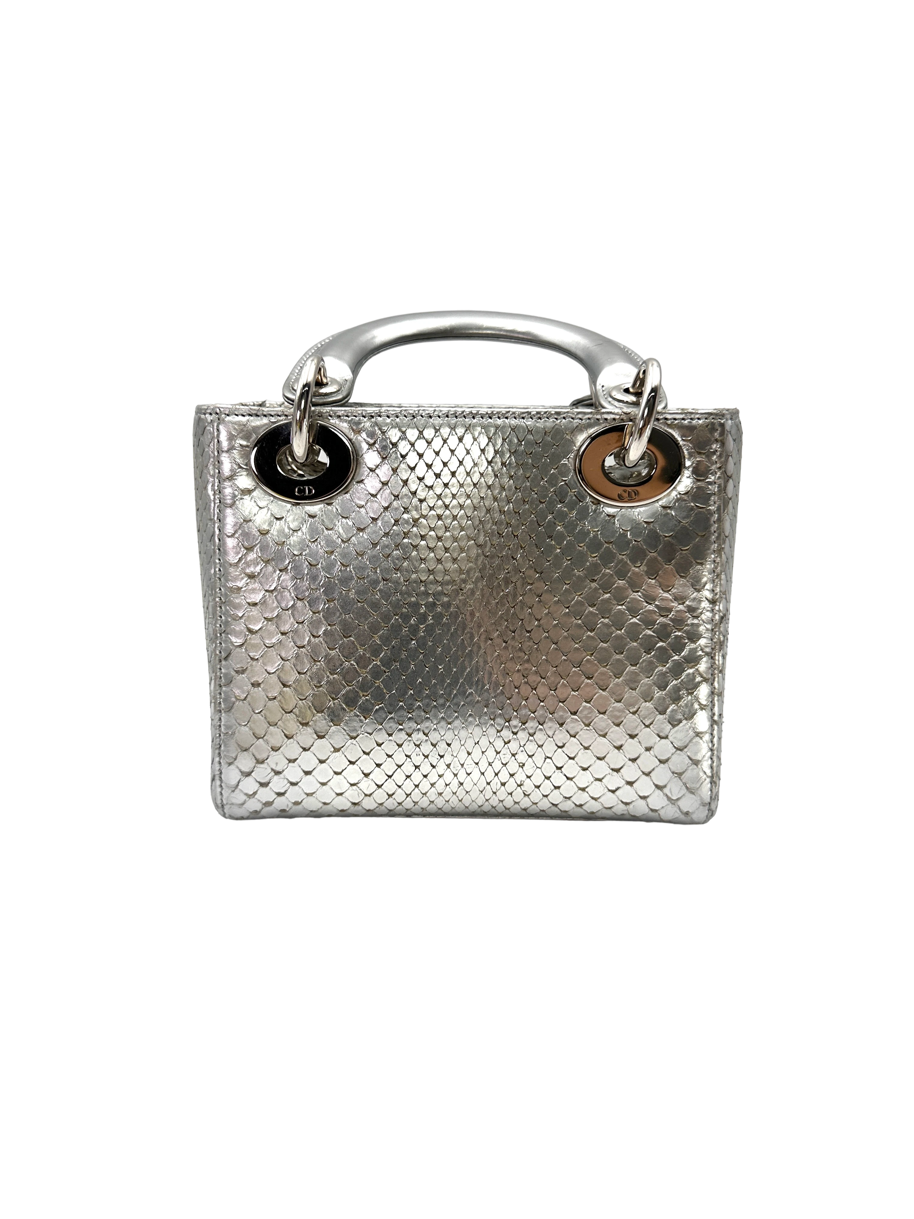 Christian Dior Lady Dior Silver Python Leather Handle Bag DR905