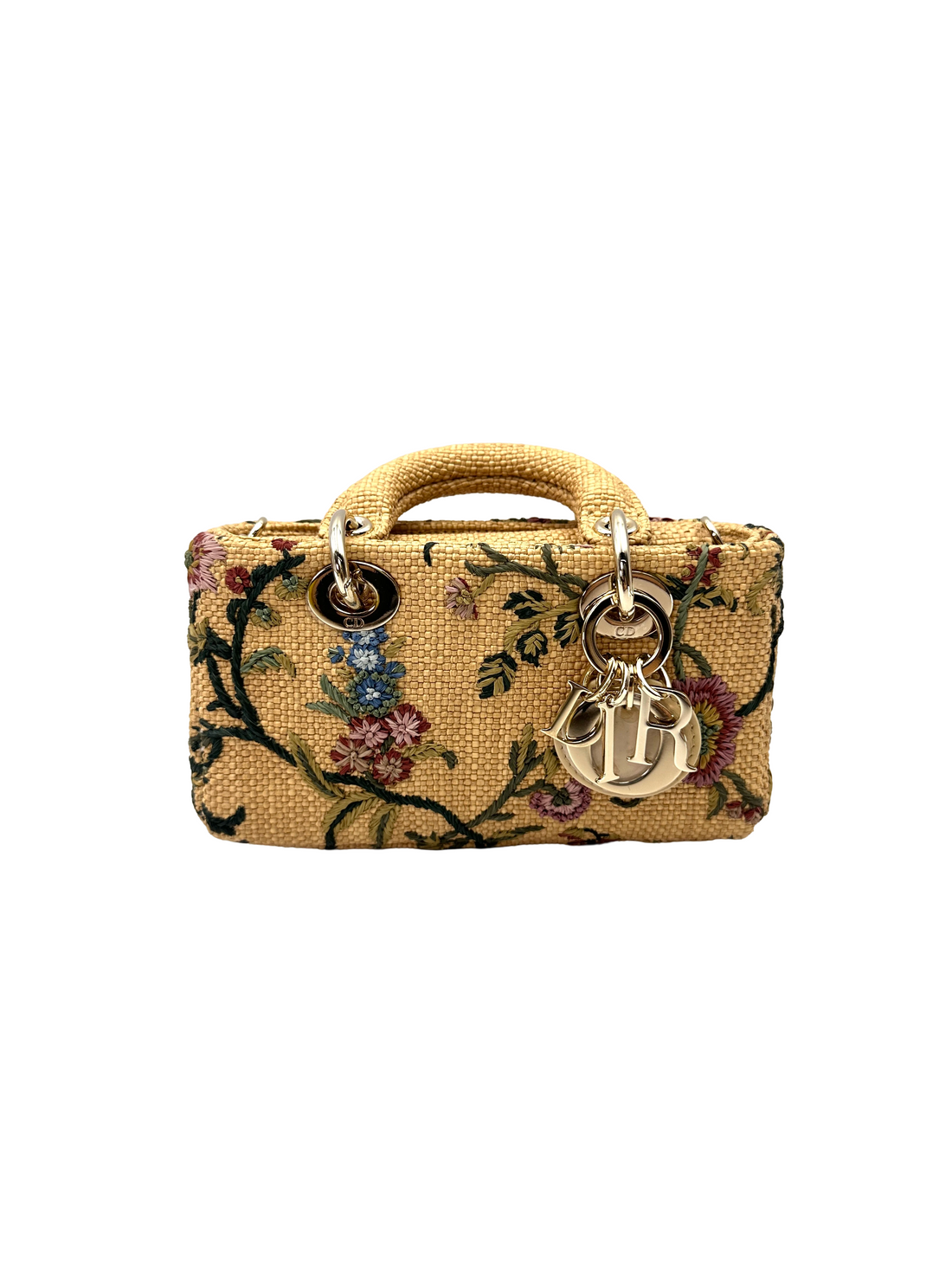 Christian Dior Micro D-joy Natural Embroidered Raffia With Floral Motif Handle Bag DR896