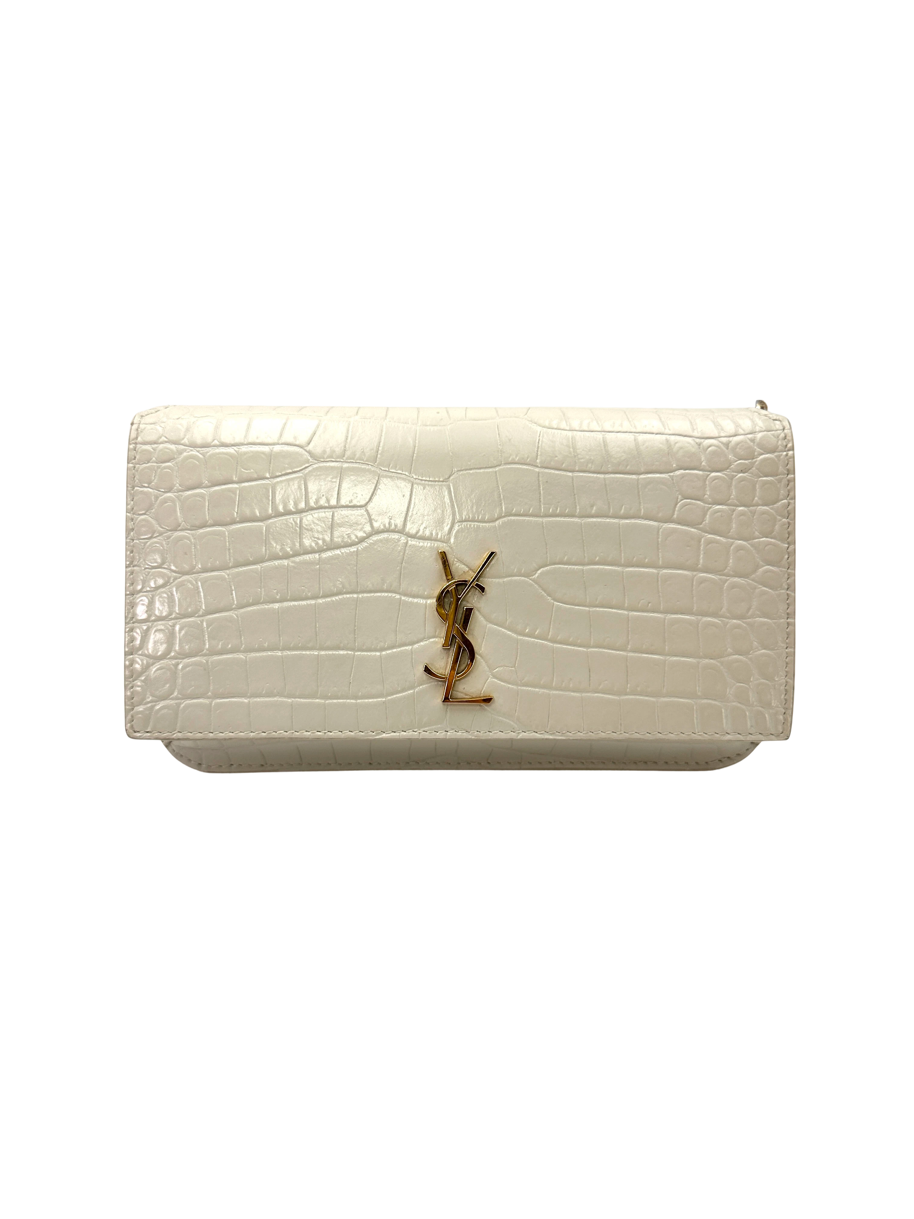 Saint Laurent White Croc-Embossed Leather Wallet On Chain SL281