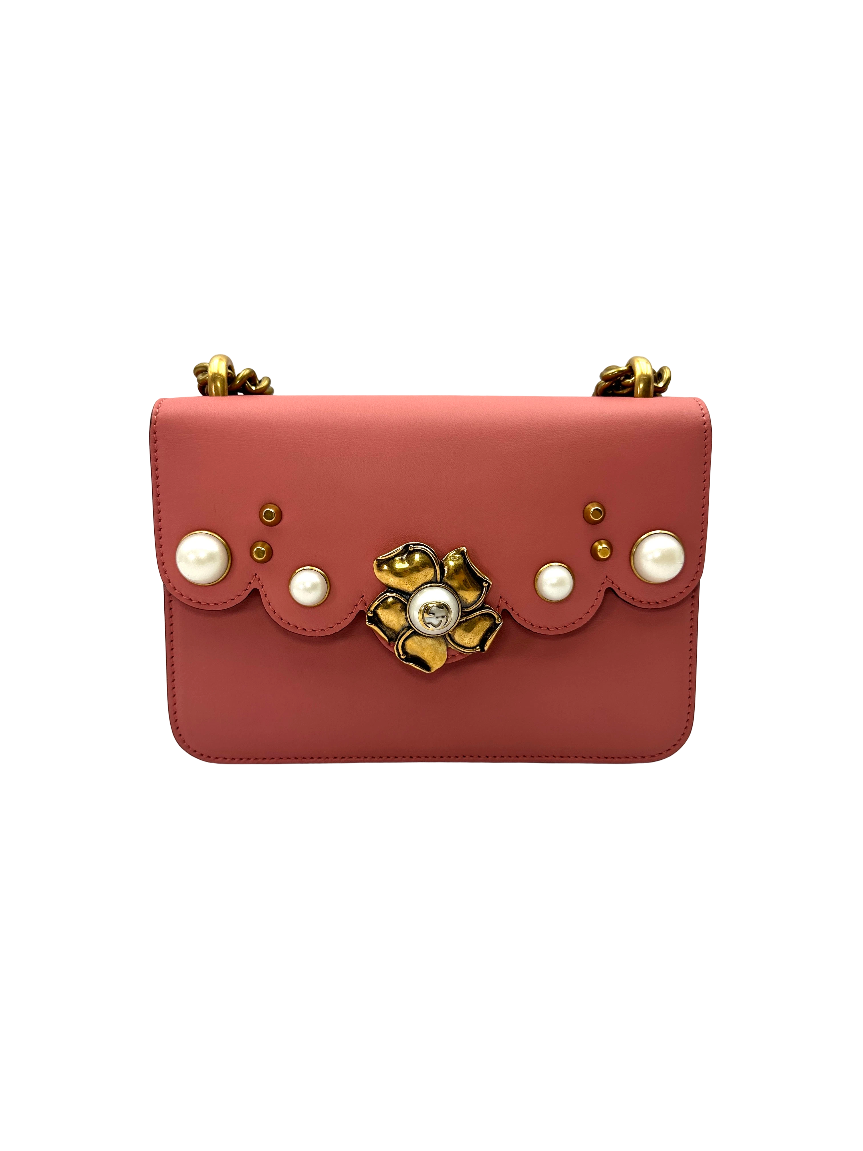 Gucci Peony Pink Leather Wallet On Chain GG1381