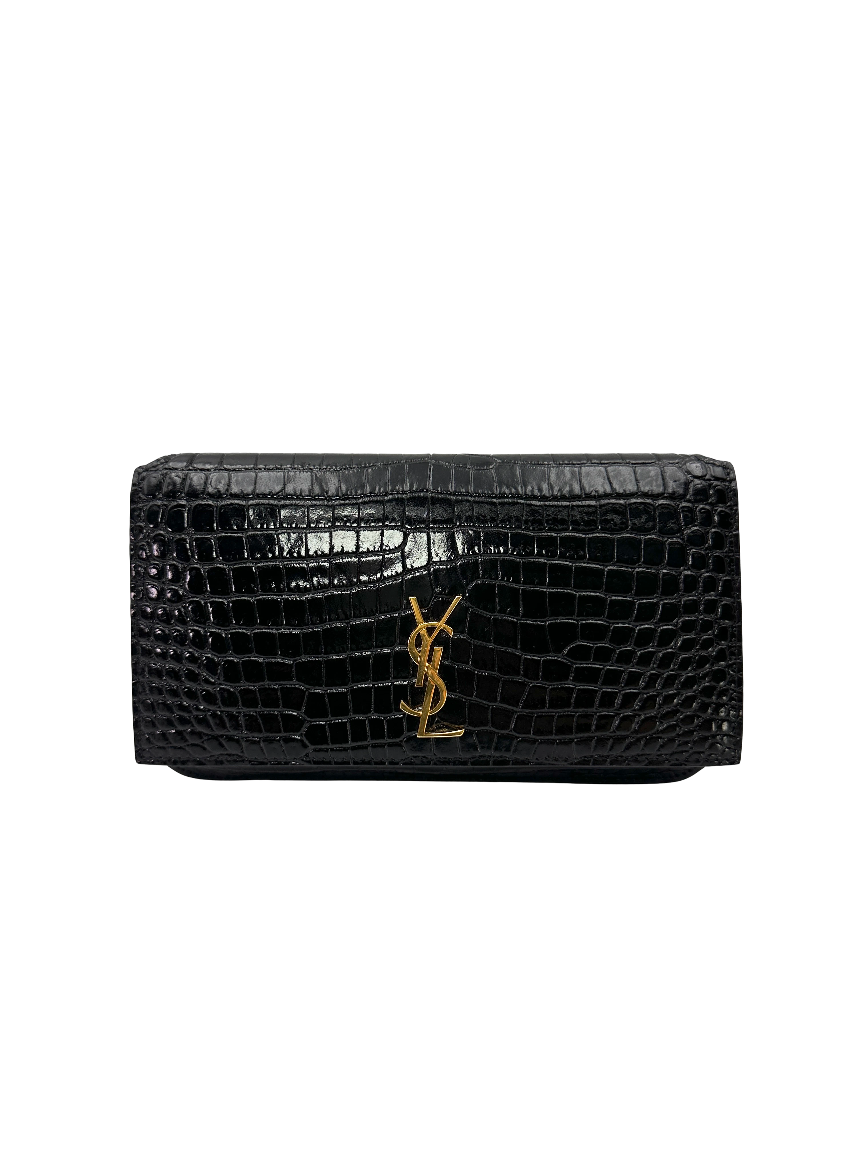 Saint Laurent Black Croc-Embossed Leather Wallet On Chain SL283