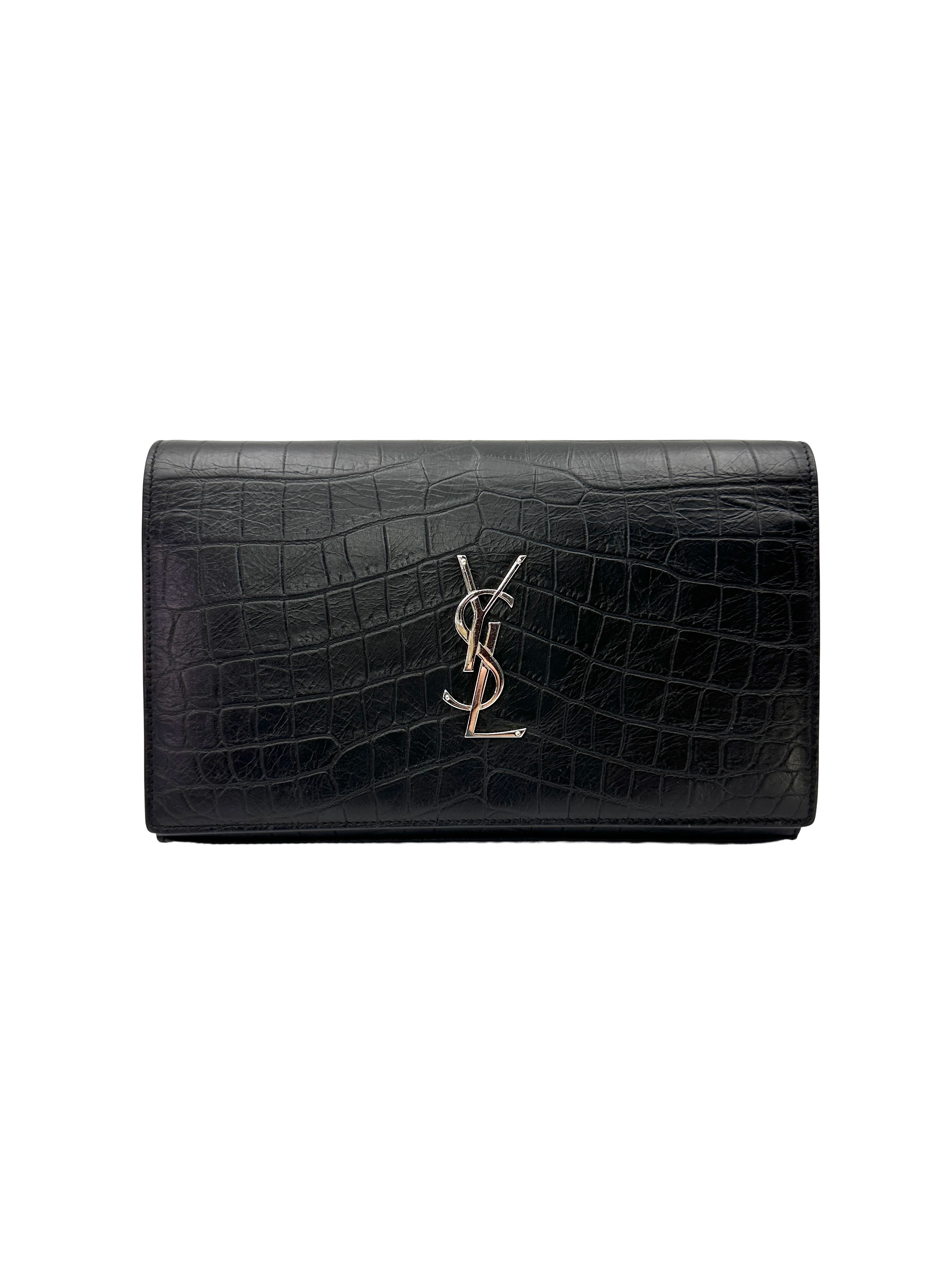 Saint Laurent Black Croc-Embossed Leather Medium Size Wallet On Chain SL280