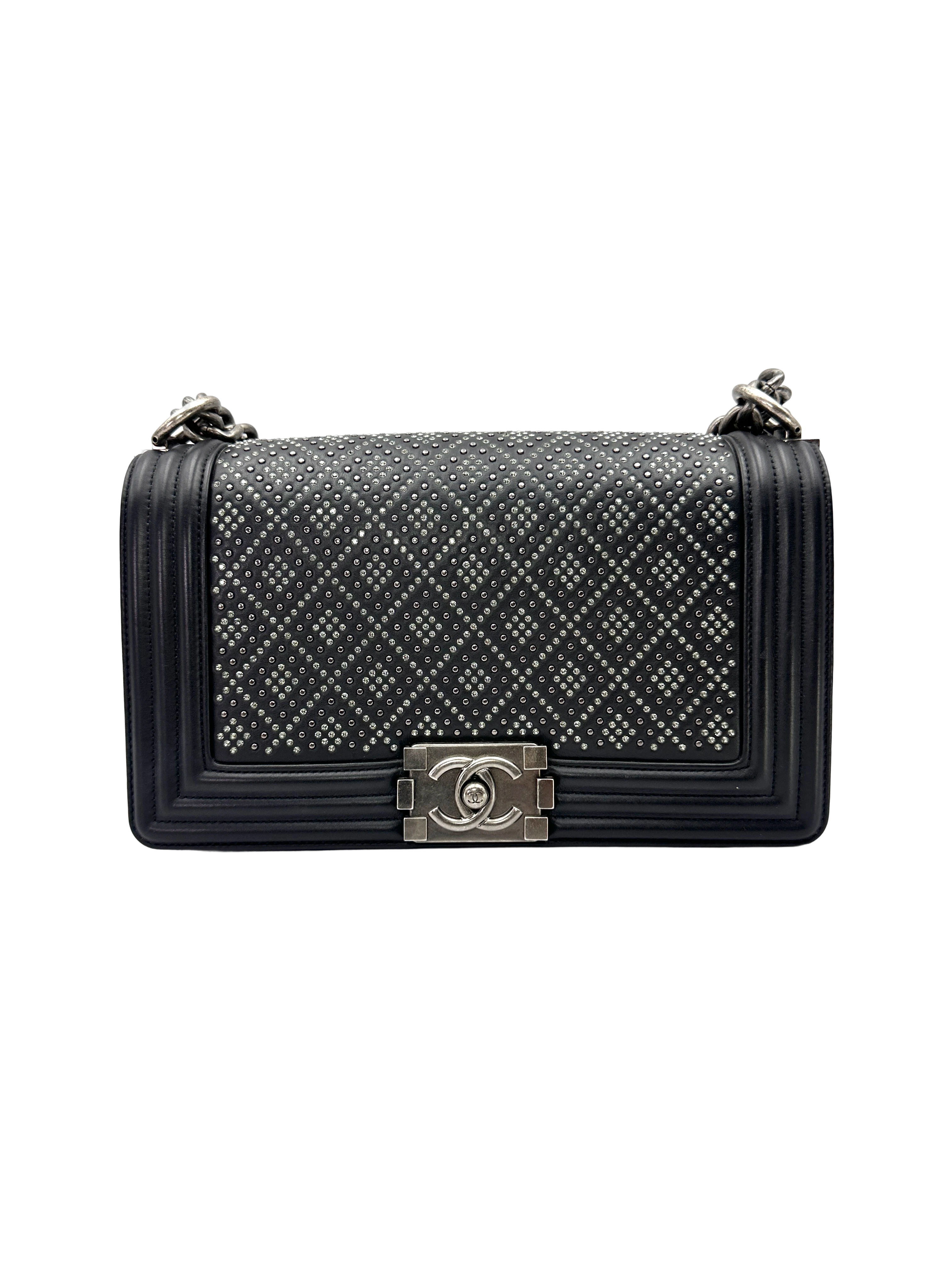 Chanel LeBoy Black Quilted Studded Crystal Leather Flap Bag With Silver Buckle(29***61) CC2495