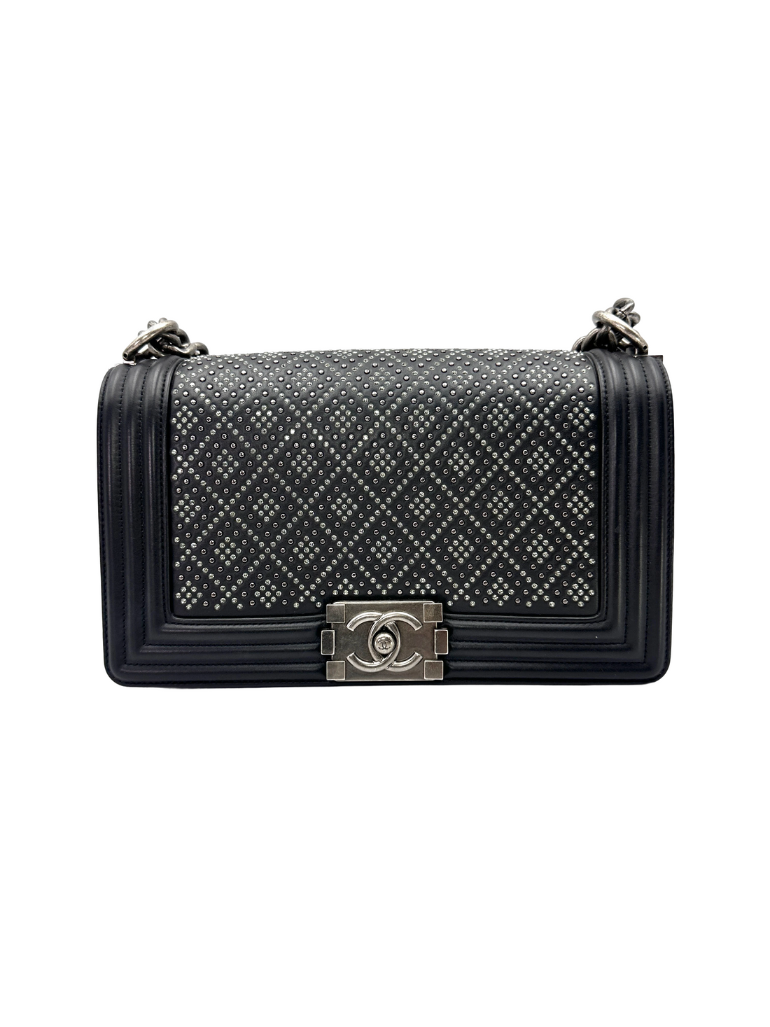 Chanel LeBoy Black Quilted Studded Crystal Leather Flap Bag With Silver Buckle(29***61) CC2495