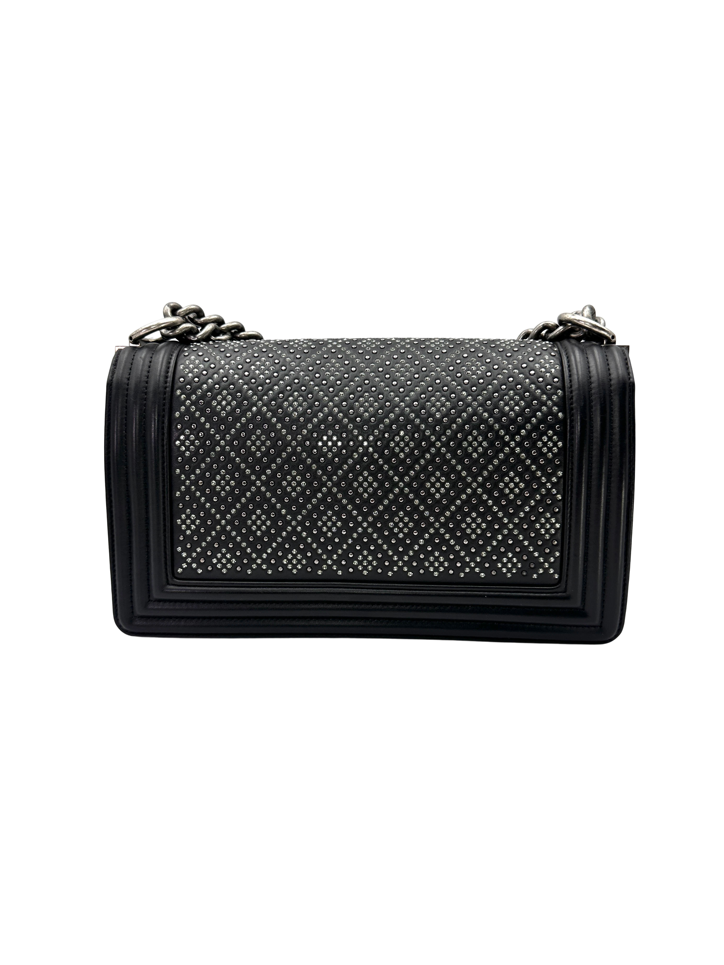 Chanel LeBoy Black Quilted Studded Crystal Leather Flap Bag With Silver Buckle(29***61) CC2495