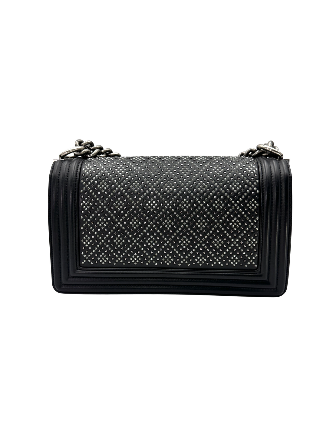 Chanel LeBoy Black Quilted Studded Crystal Leather Flap Bag With Silver Buckle(29***61) CC2495