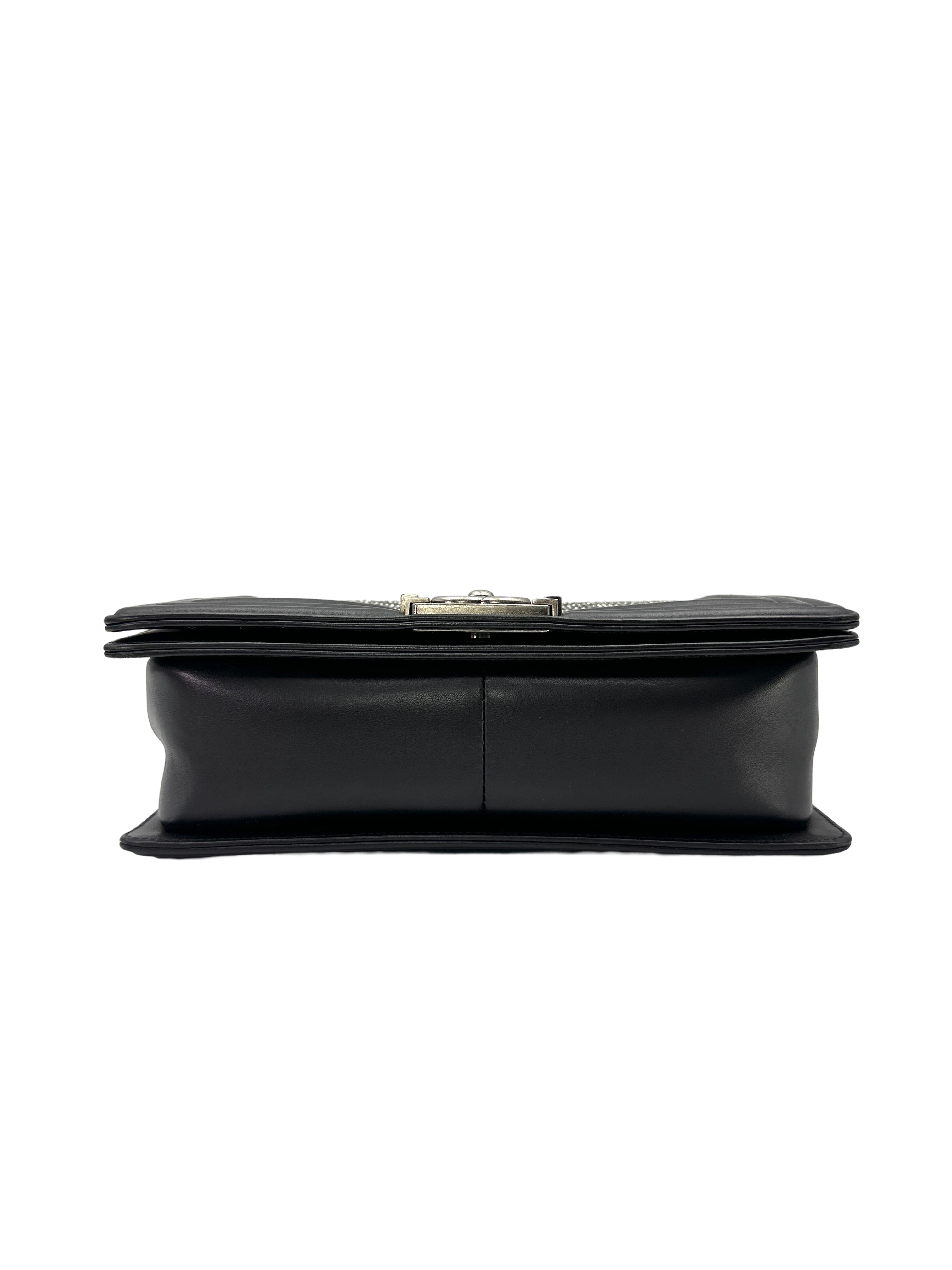 Chanel LeBoy Black Quilted Studded Crystal Leather Flap Bag With Silver Buckle(29***61) CC2495