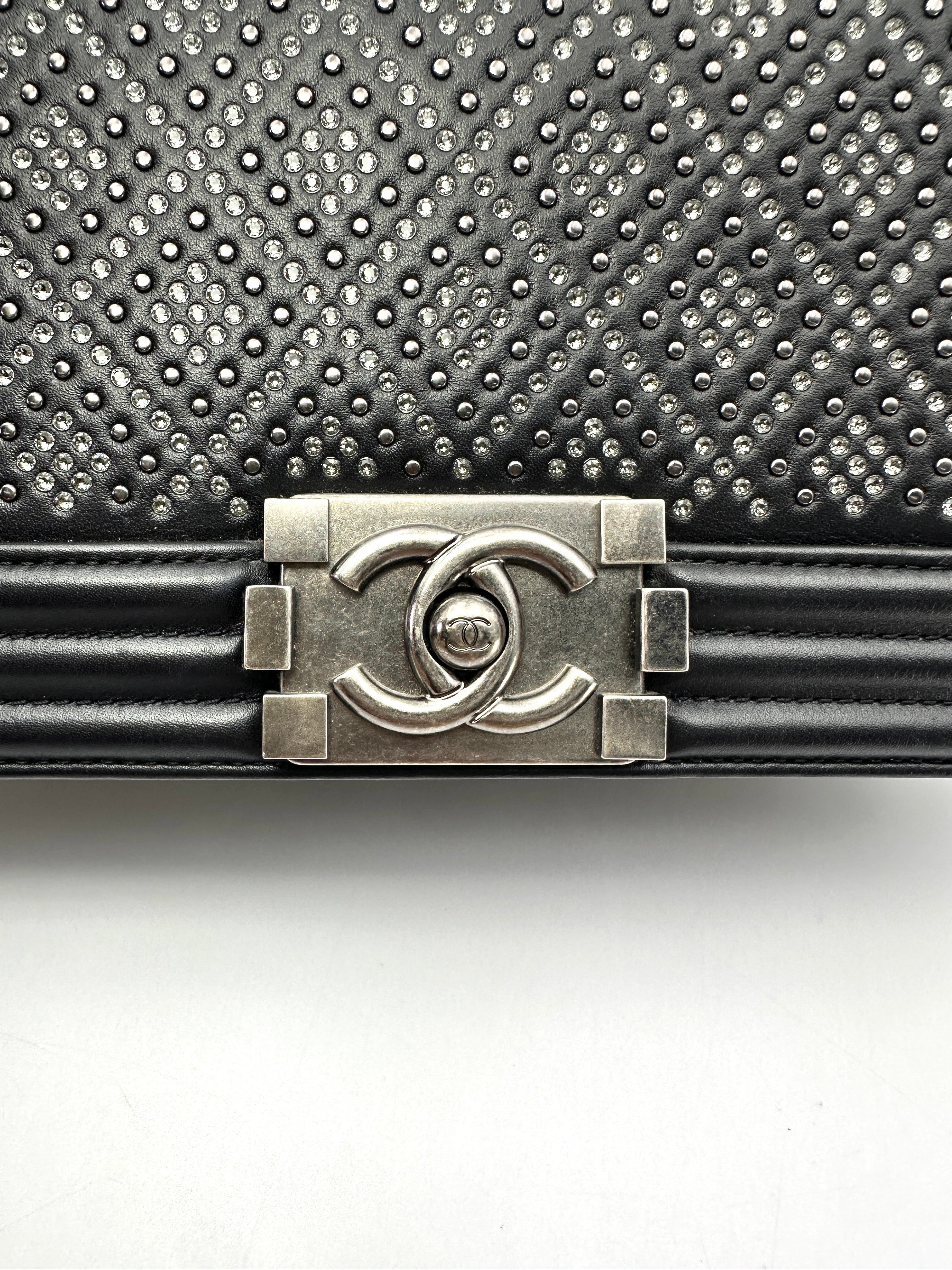 Chanel LeBoy Black Quilted Studded Crystal Leather Flap Bag With Silver Buckle(29***61) CC2495