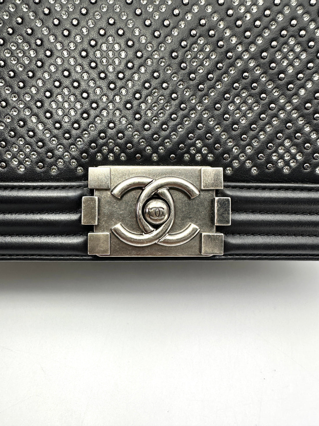 Chanel LeBoy Black Quilted Studded Crystal Leather Flap Bag With Silver Buckle(29***61) CC2495