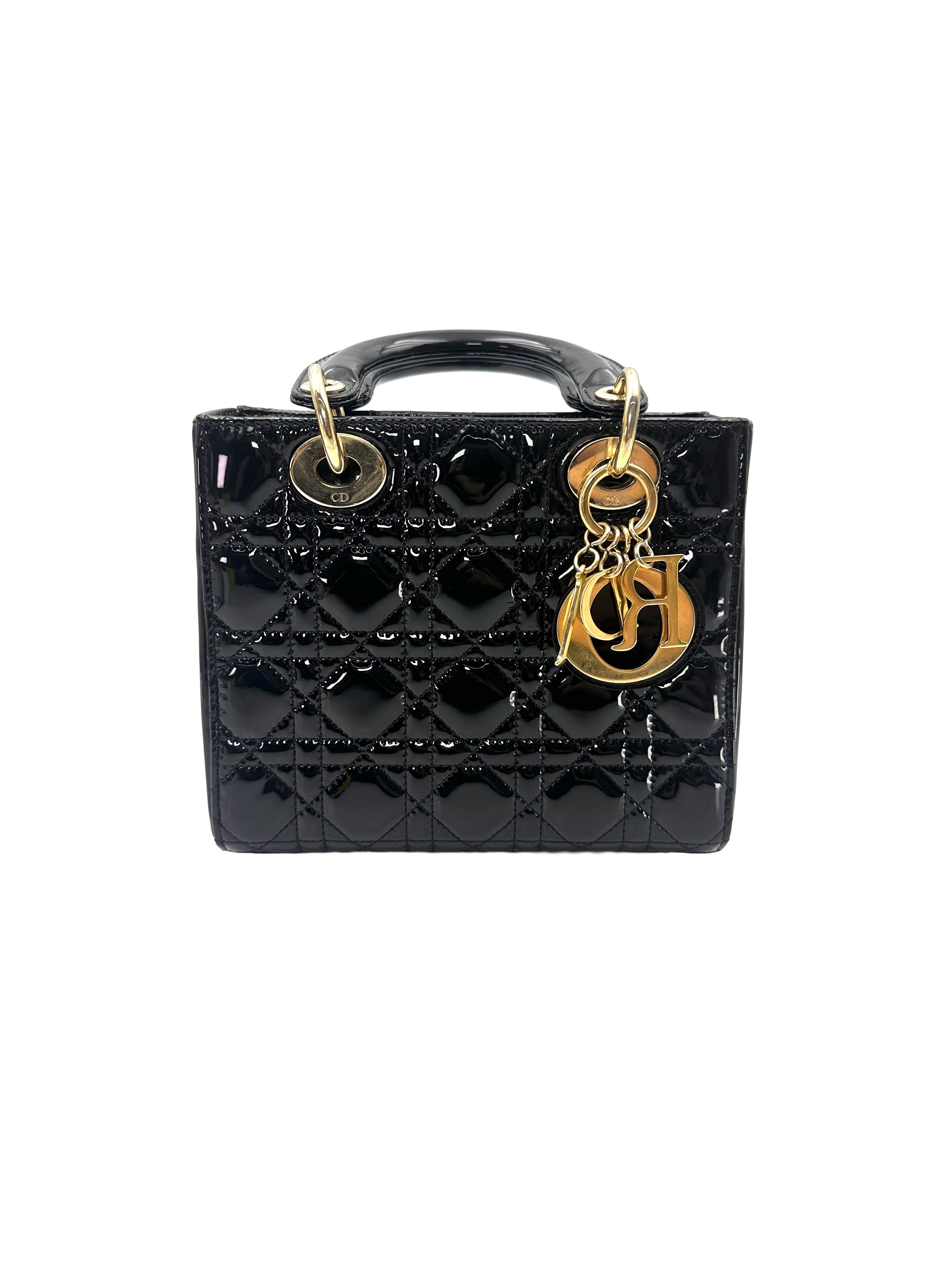 Christian Dior Lady Dior Black Cannage Patent Leather Handle Bag DR900