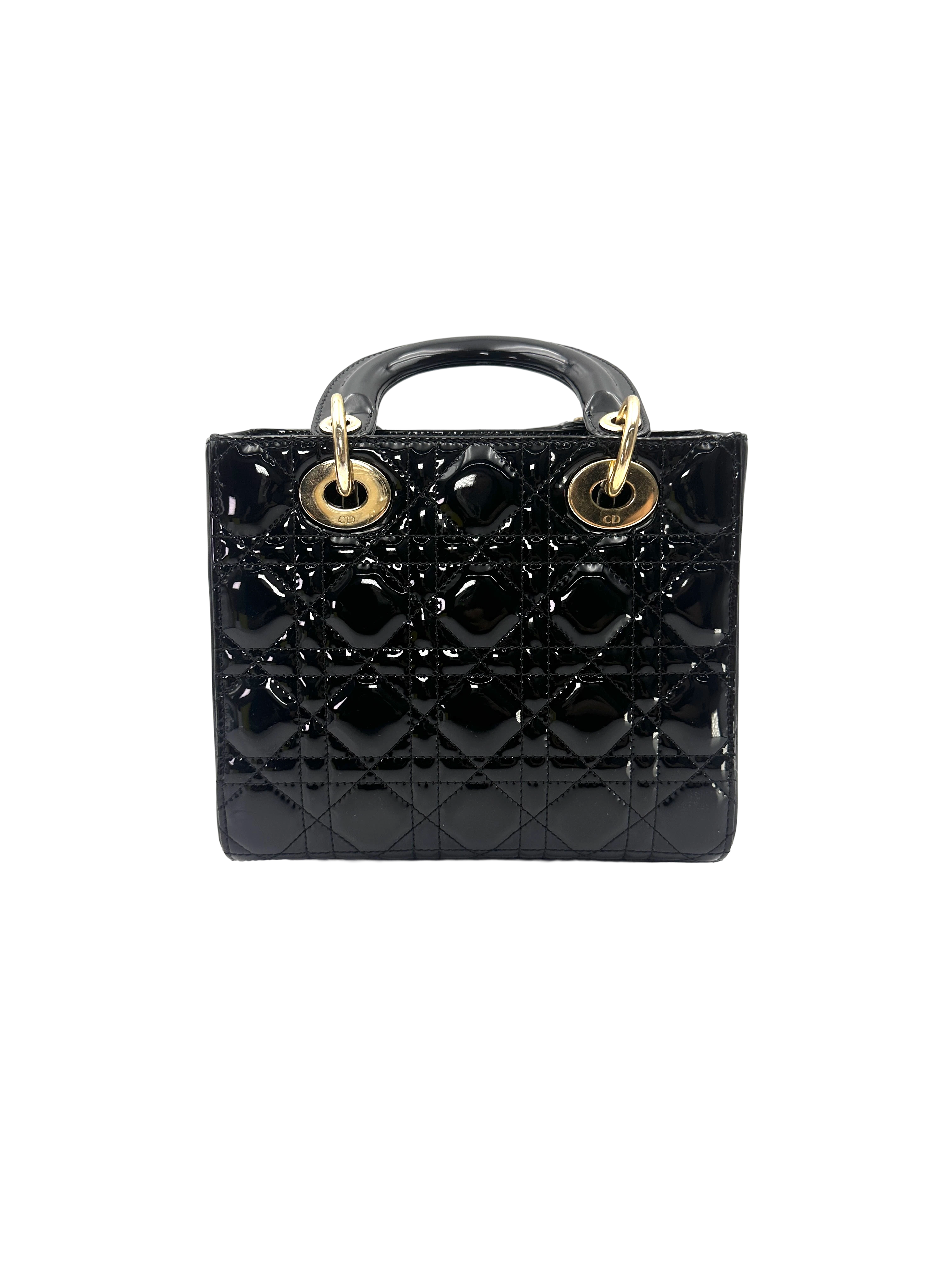 Christian Dior Lady Dior Black Cannage Patent Leather Handle Bag DR900