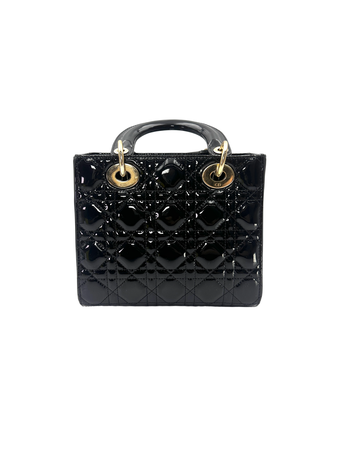 Christian Dior Lady Dior Black Cannage Patent Leather Handle Bag DR900