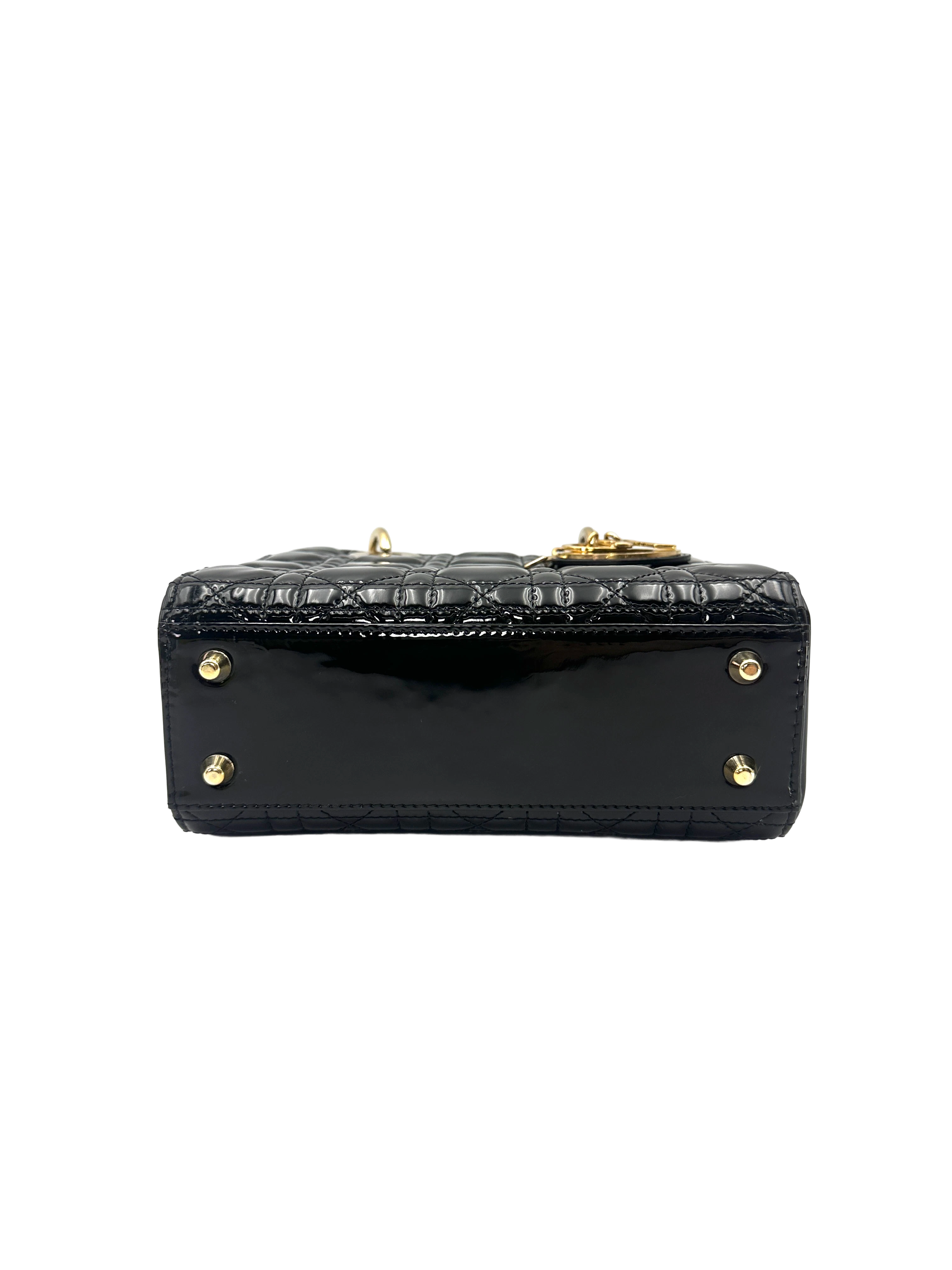 Christian Dior Lady Dior Black Cannage Patent Leather Handle Bag DR900