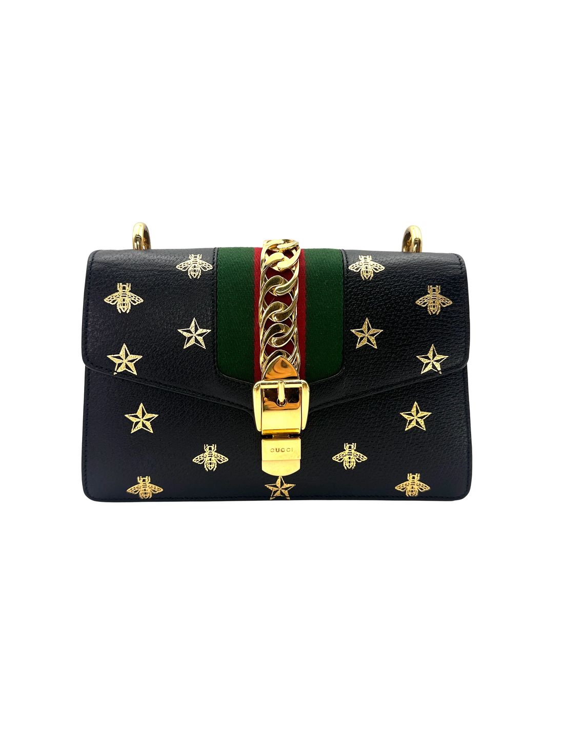 Gucci Sylvie Bee Star Black Leather Medium Size Shoulder Bag GG1385