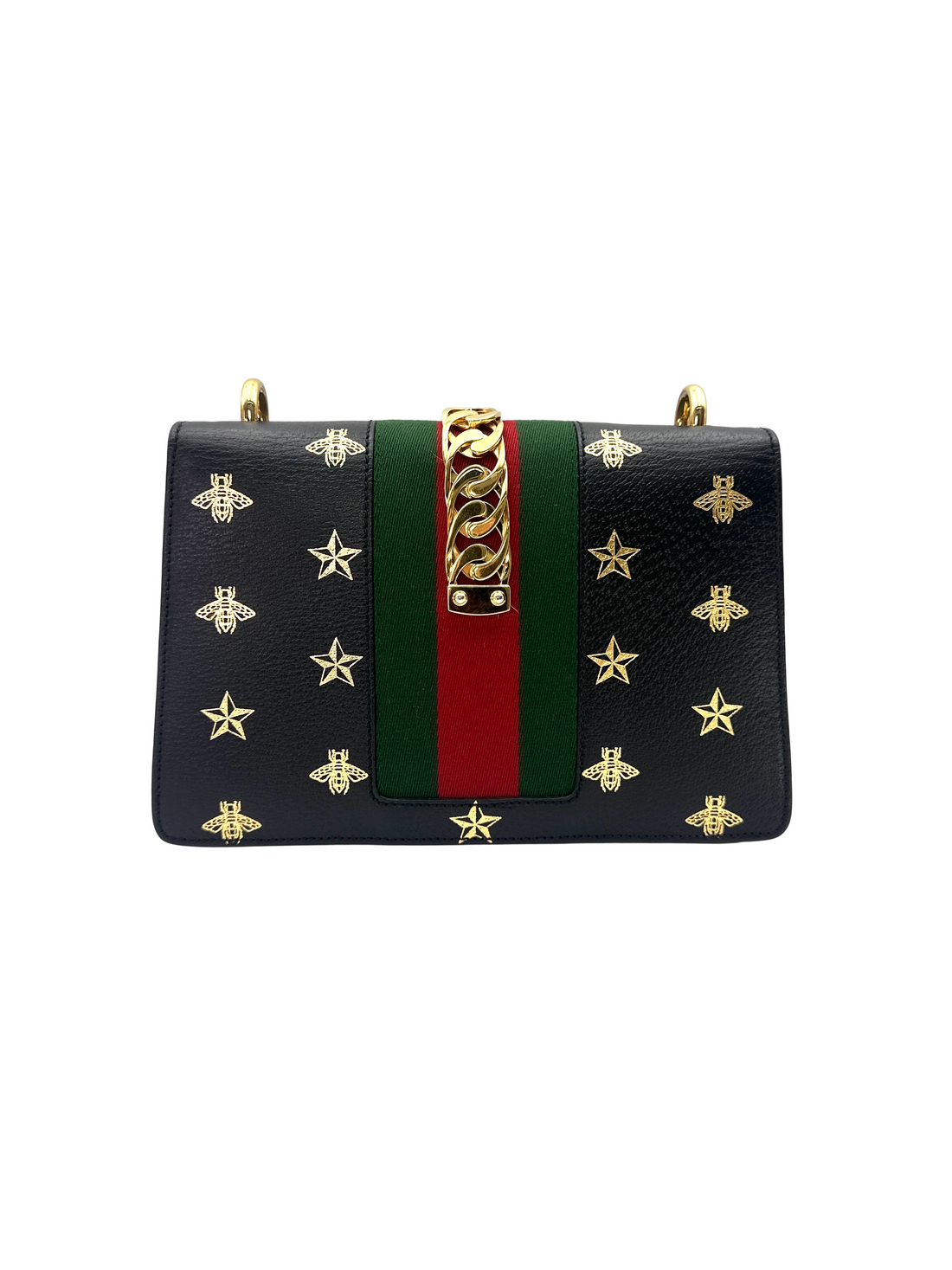 Gucci Sylvie Bee Star Black Leather Medium Size Shoulder Bag GG1385