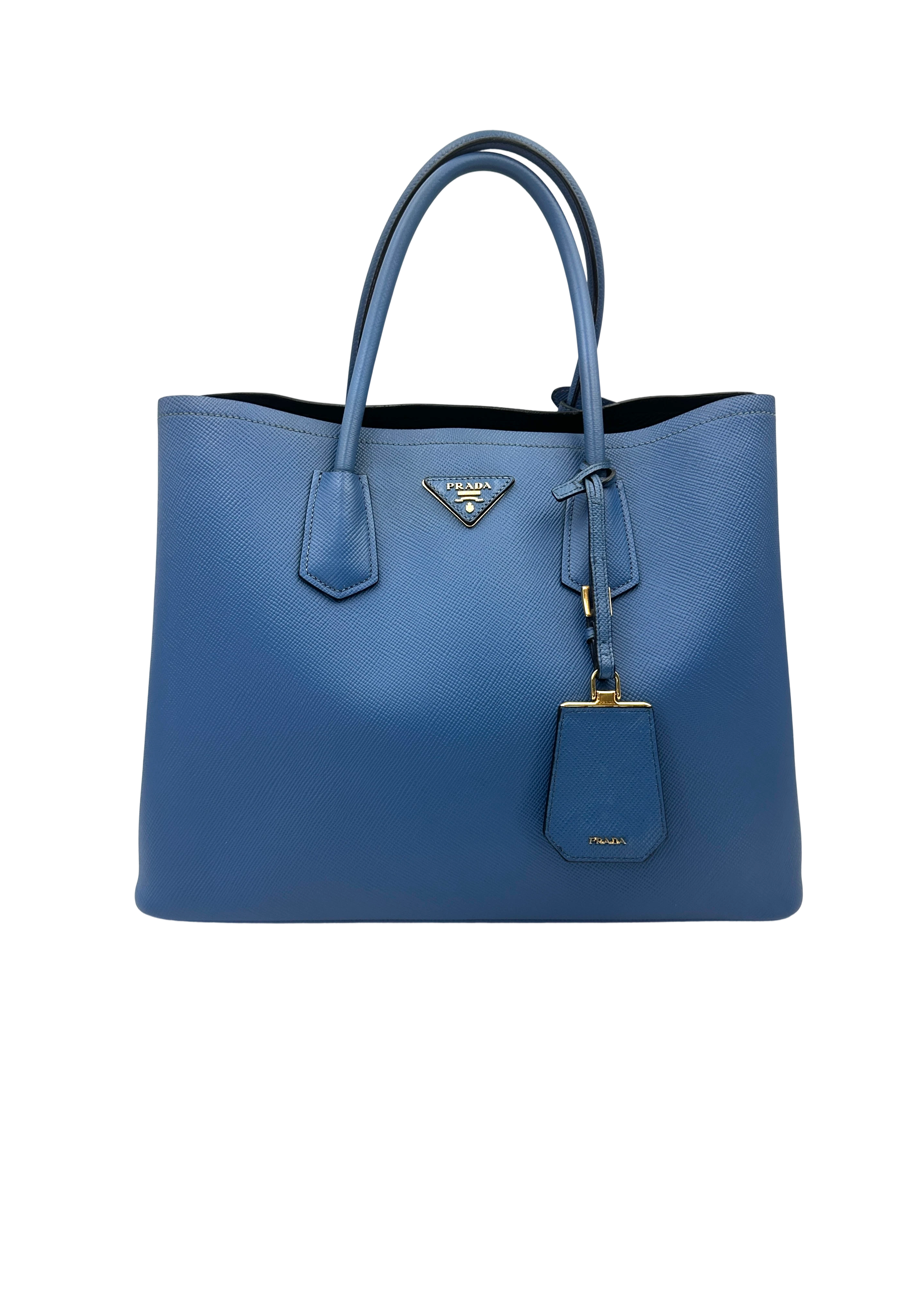 Prada Double Blue Saffiano Cuir Leather Handle Bag PR545