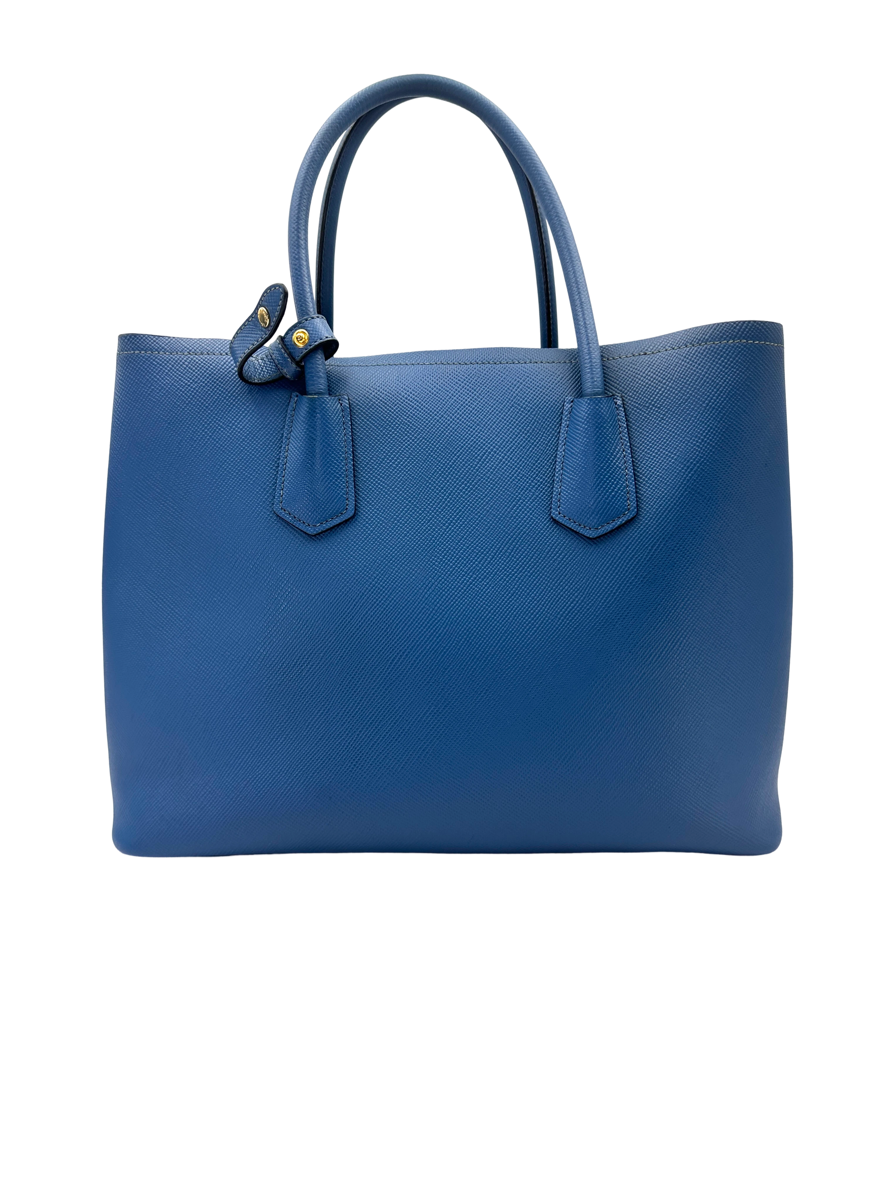 Prada Double Blue Saffiano Cuir Leather Handle Bag PR545