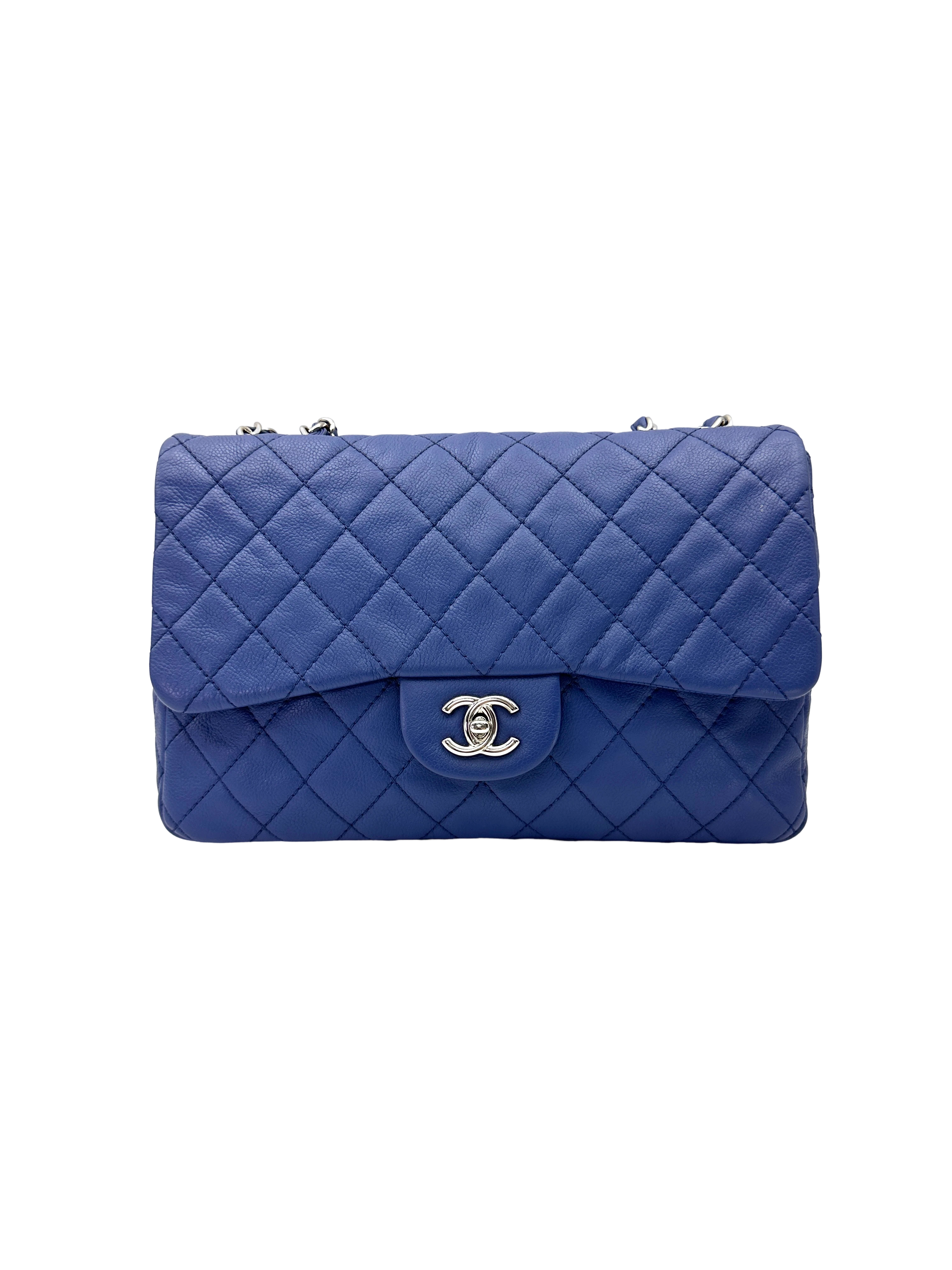 Chanel Classic Flap Blue Quilted Leather Jumbo Shoulder Bag With Silver Buckle(12***90) CC2500