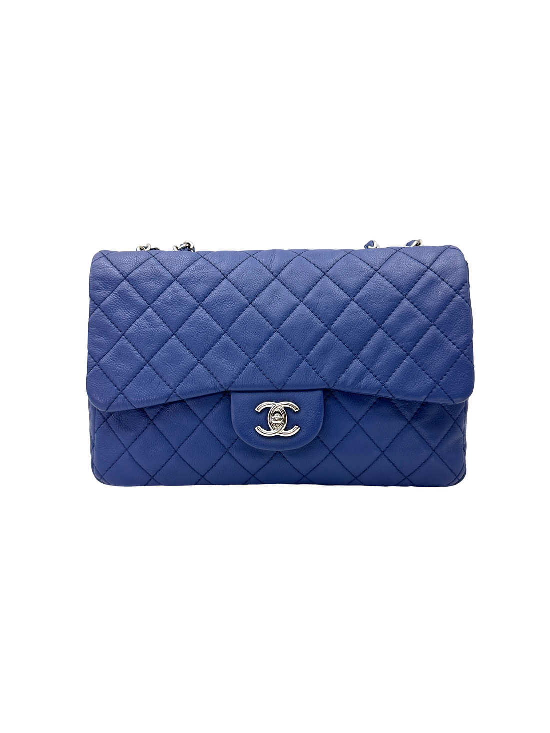 Chanel Classic Flap Blue Quilted Leather Jumbo Shoulder Bag With Silver Buckle(12***90) CC2500