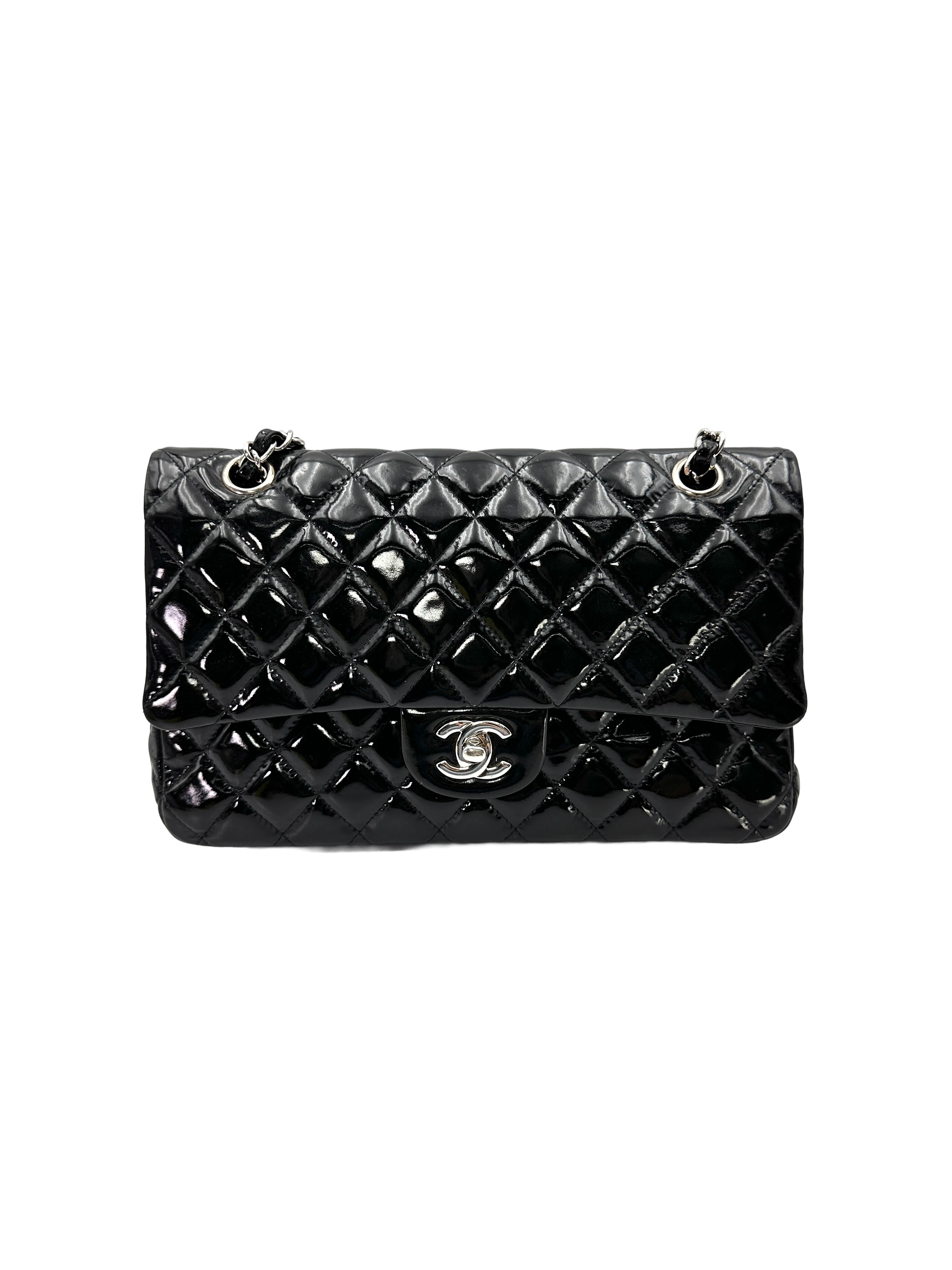 Chanel Classic Flap Black Quilted Patent Leather Medium Size Shoulder Bag With Silver Buckle(16***82) CC2507