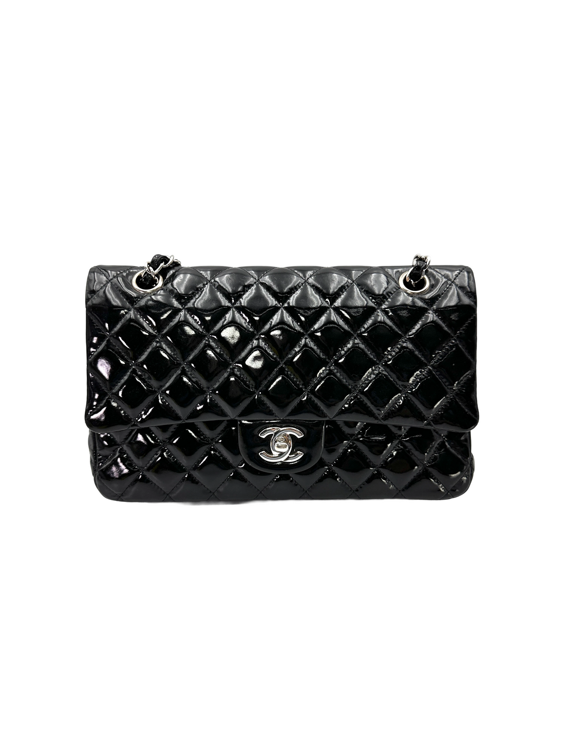Chanel Classic Flap Black Quilted Patent Leather Medium Size Shoulder Bag With Silver Buckle(16***82) CC2507