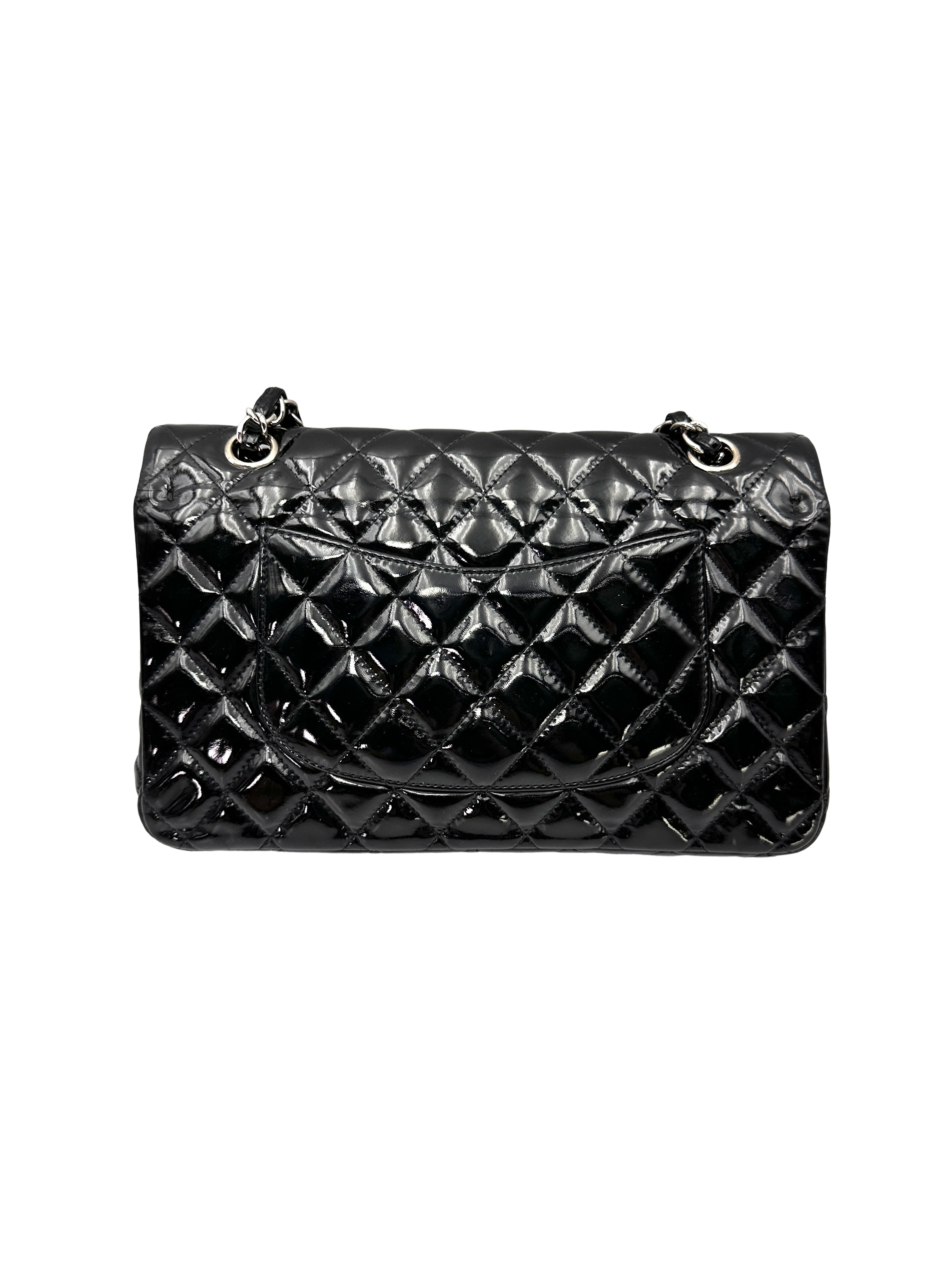 Chanel Classic Flap Black Quilted Patent Leather Medium Size Shoulder Bag With Silver Buckle(16***82) CC2507
