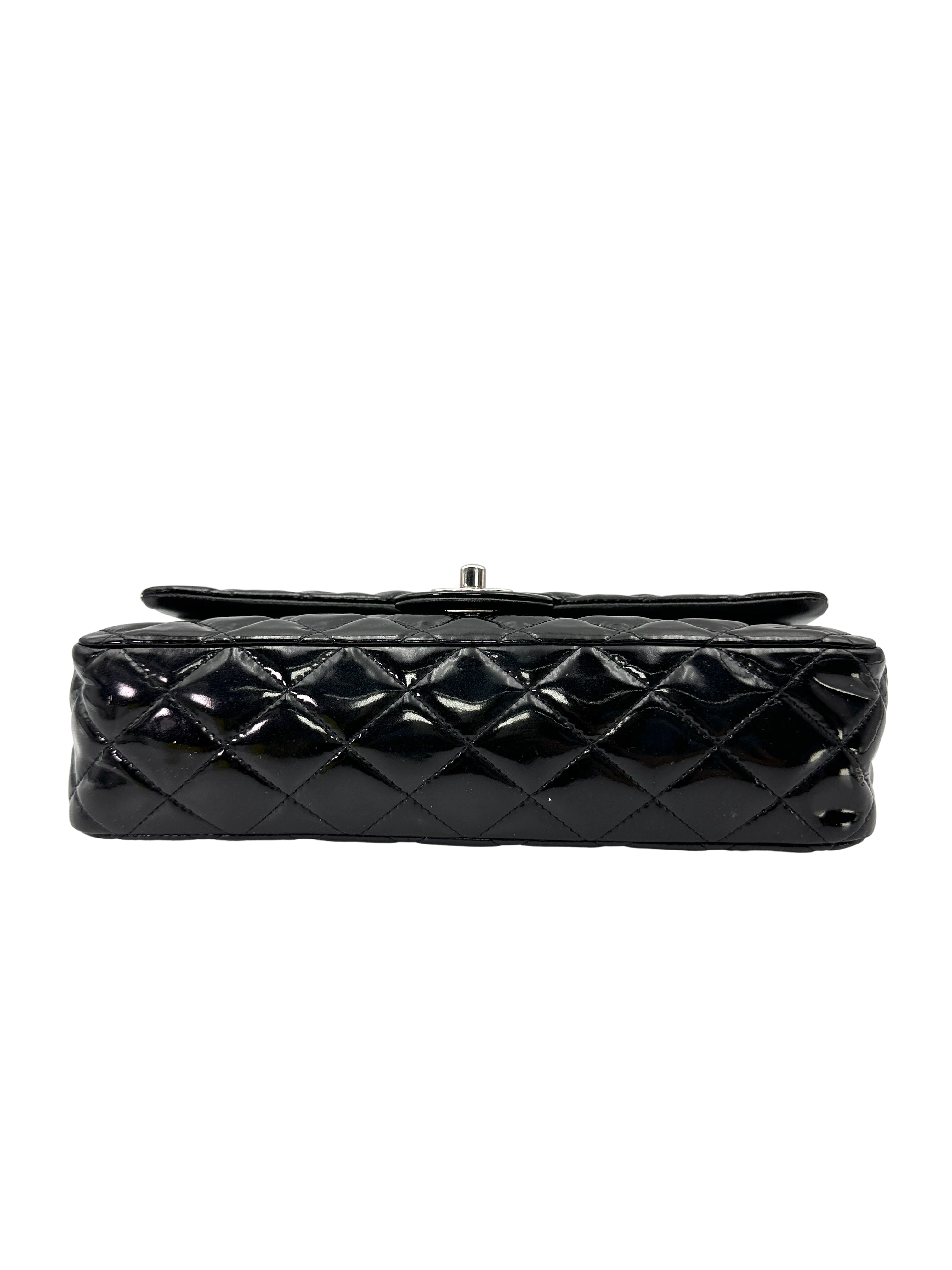 Chanel Classic Flap Black Quilted Patent Leather Medium Size Shoulder Bag With Silver Buckle(16***82) CC2507