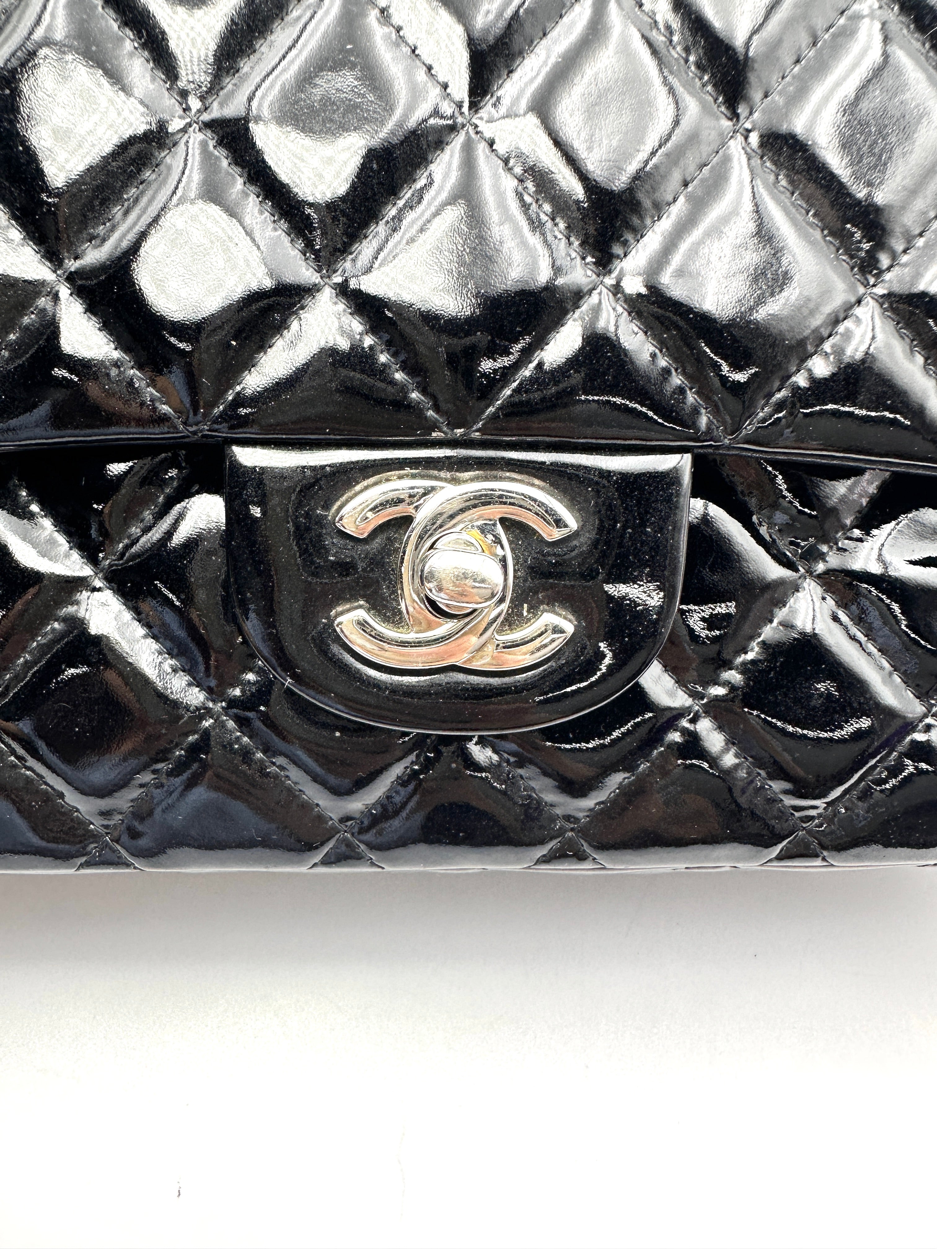 Chanel Classic Flap Black Quilted Patent Leather Medium Size Shoulder Bag With Silver Buckle(16***82) CC2507