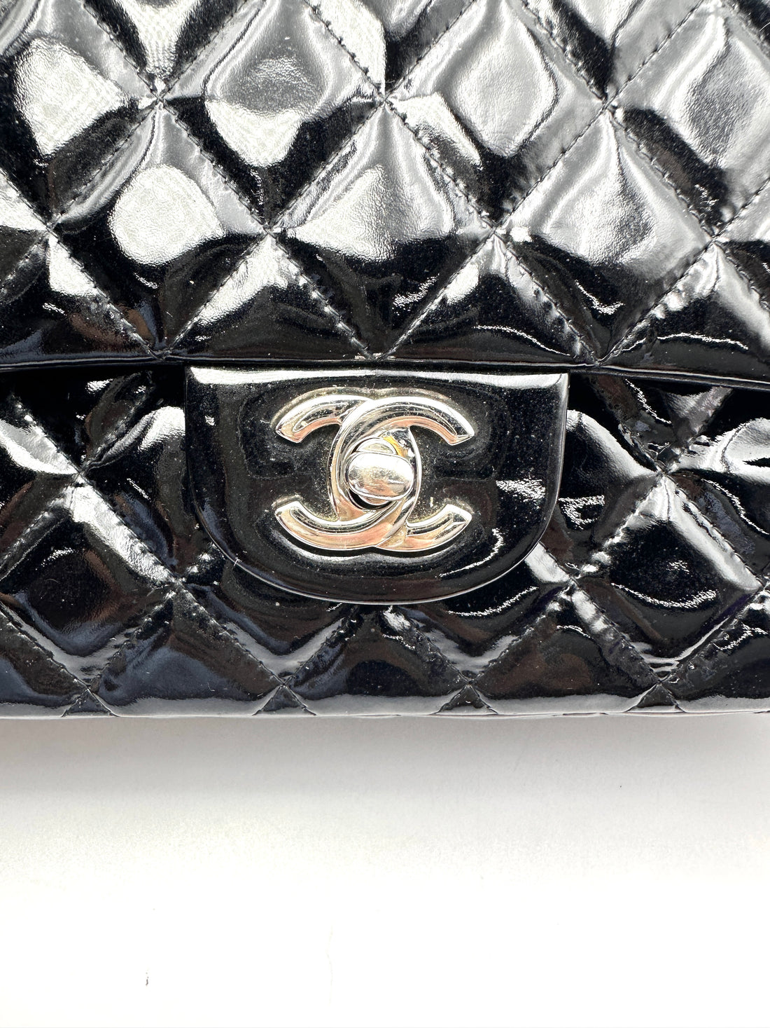Chanel Classic Flap Black Quilted Patent Leather Medium Size Shoulder Bag With Silver Buckle(16***82) CC2507