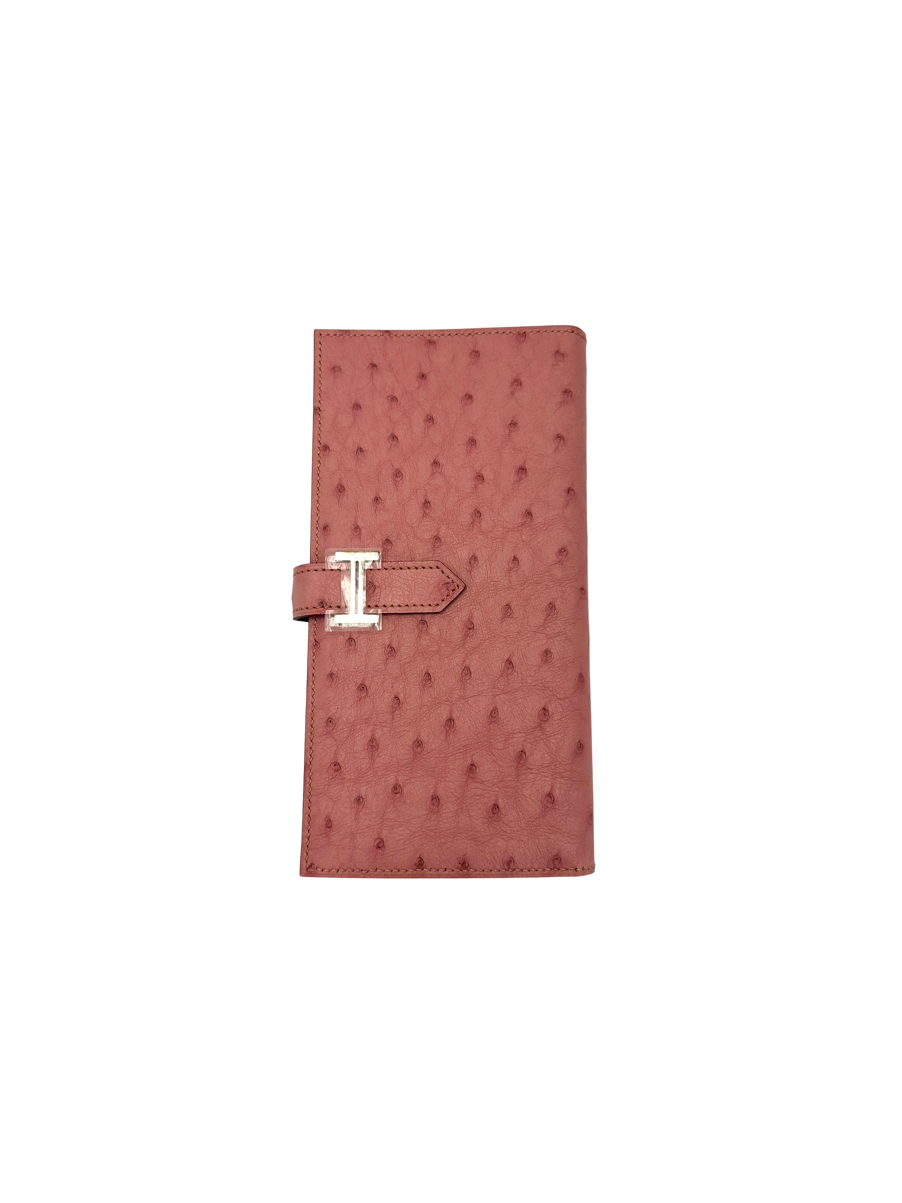 Hermes Bearn Compact Pink Ostrich Leather Wallet HR152