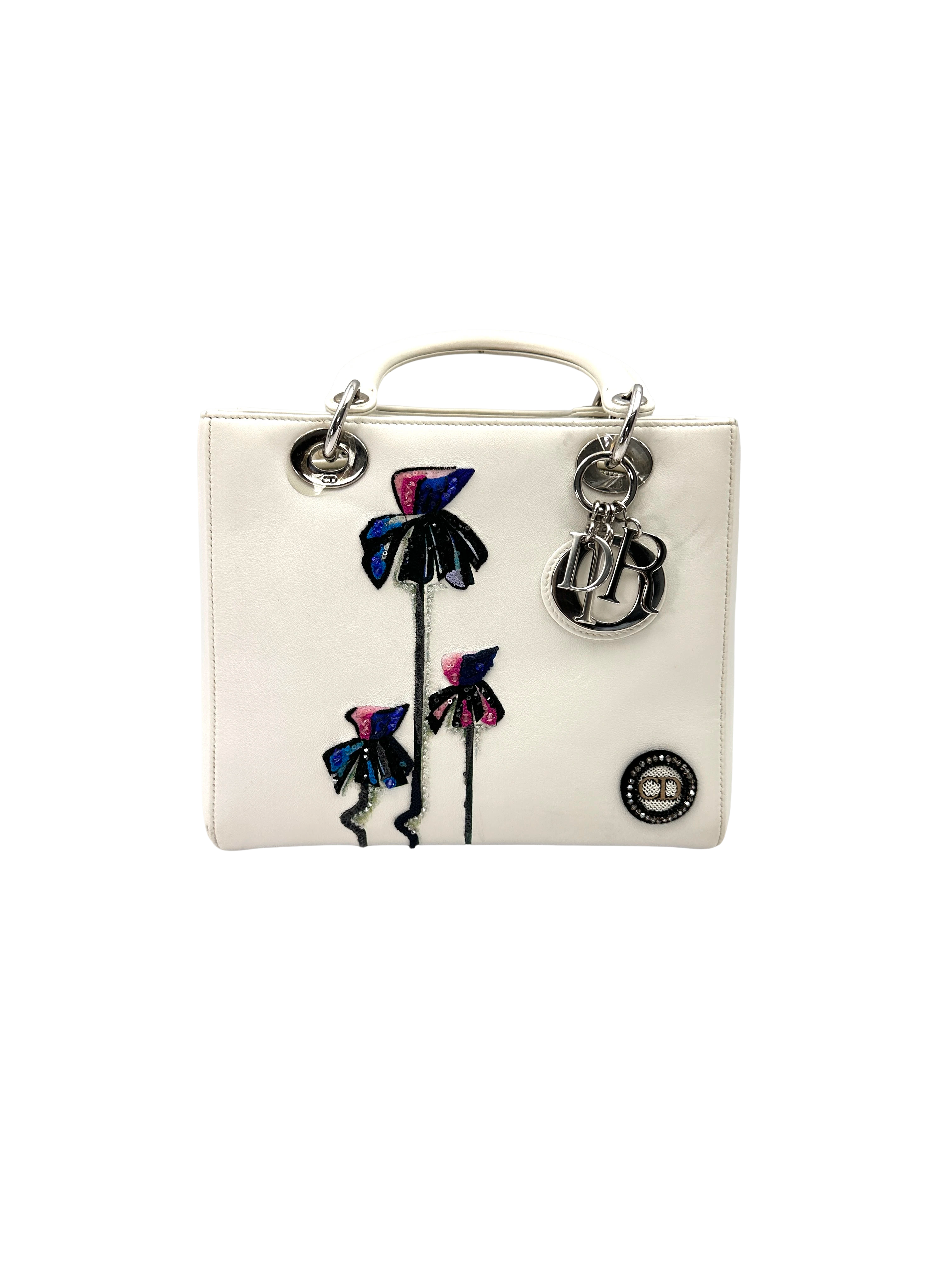 Christian Dior Lady Dior White Leather Embroidered Floral Handle Bag DR904