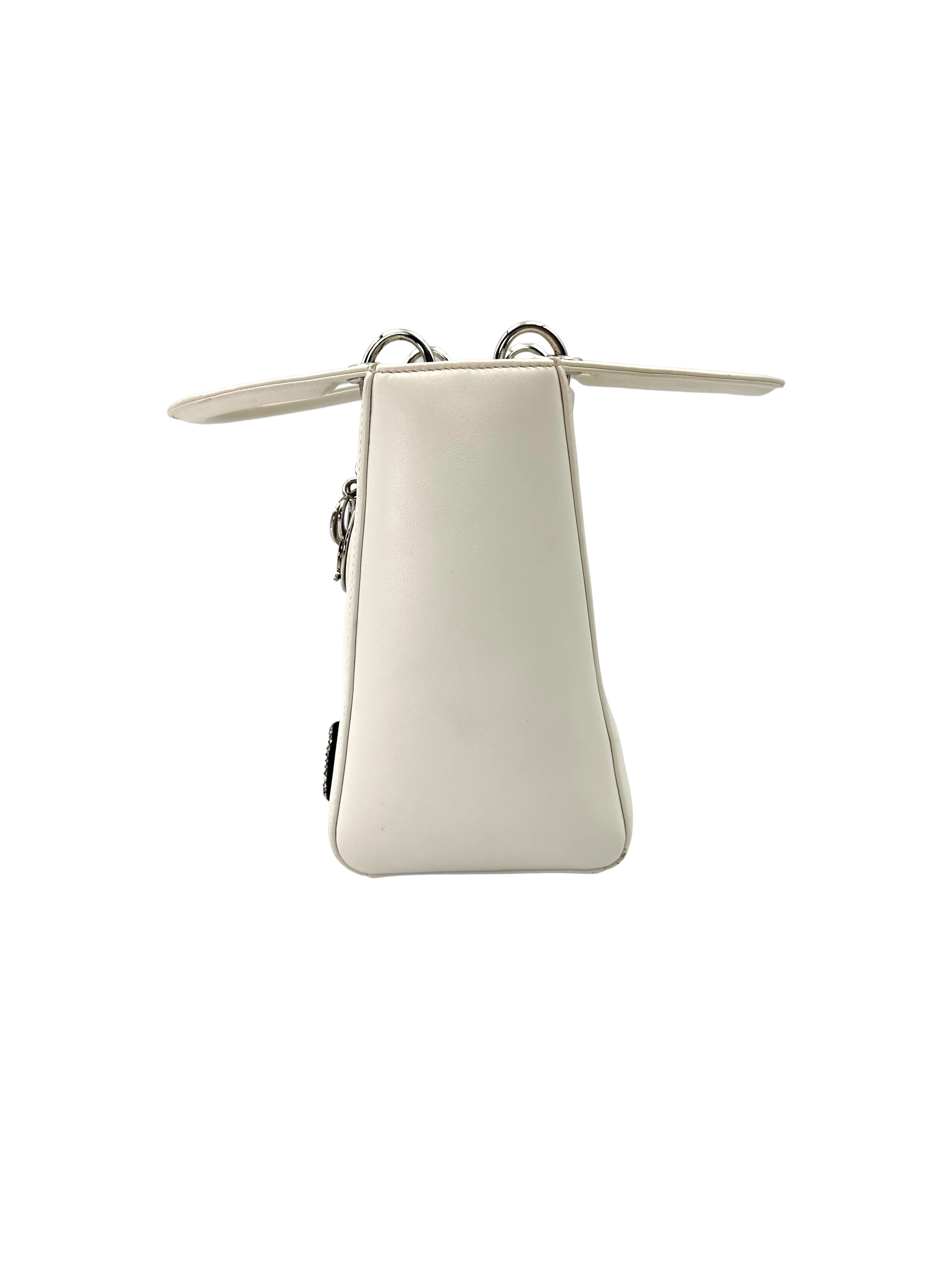 Christian Dior Lady Dior White Leather Embroidered Floral Handle Bag DR904