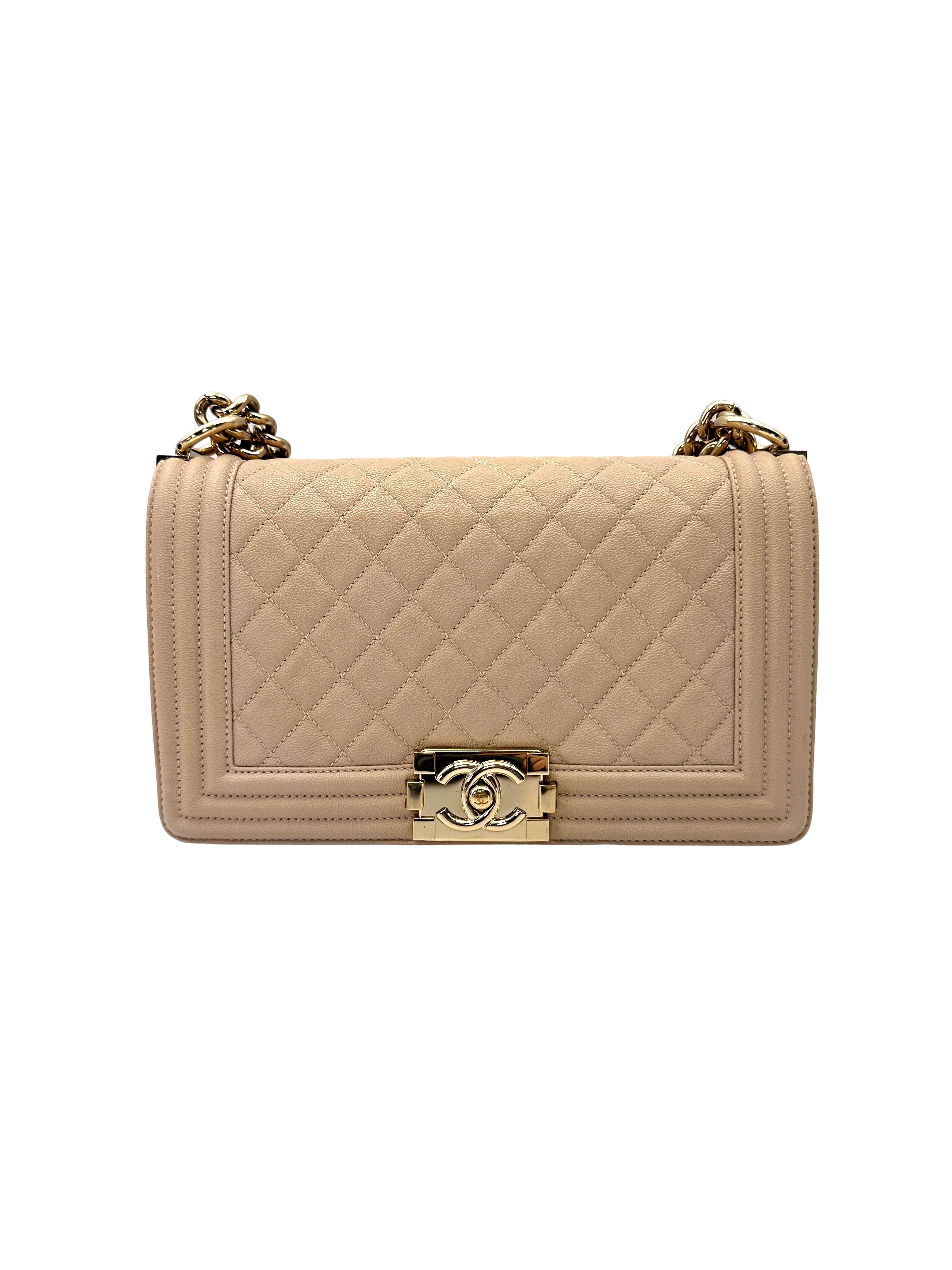 Chanel LeBoy Beige Quilted Leather Medium Size Flap Bag With Gold Buckle(27***20) CC2505