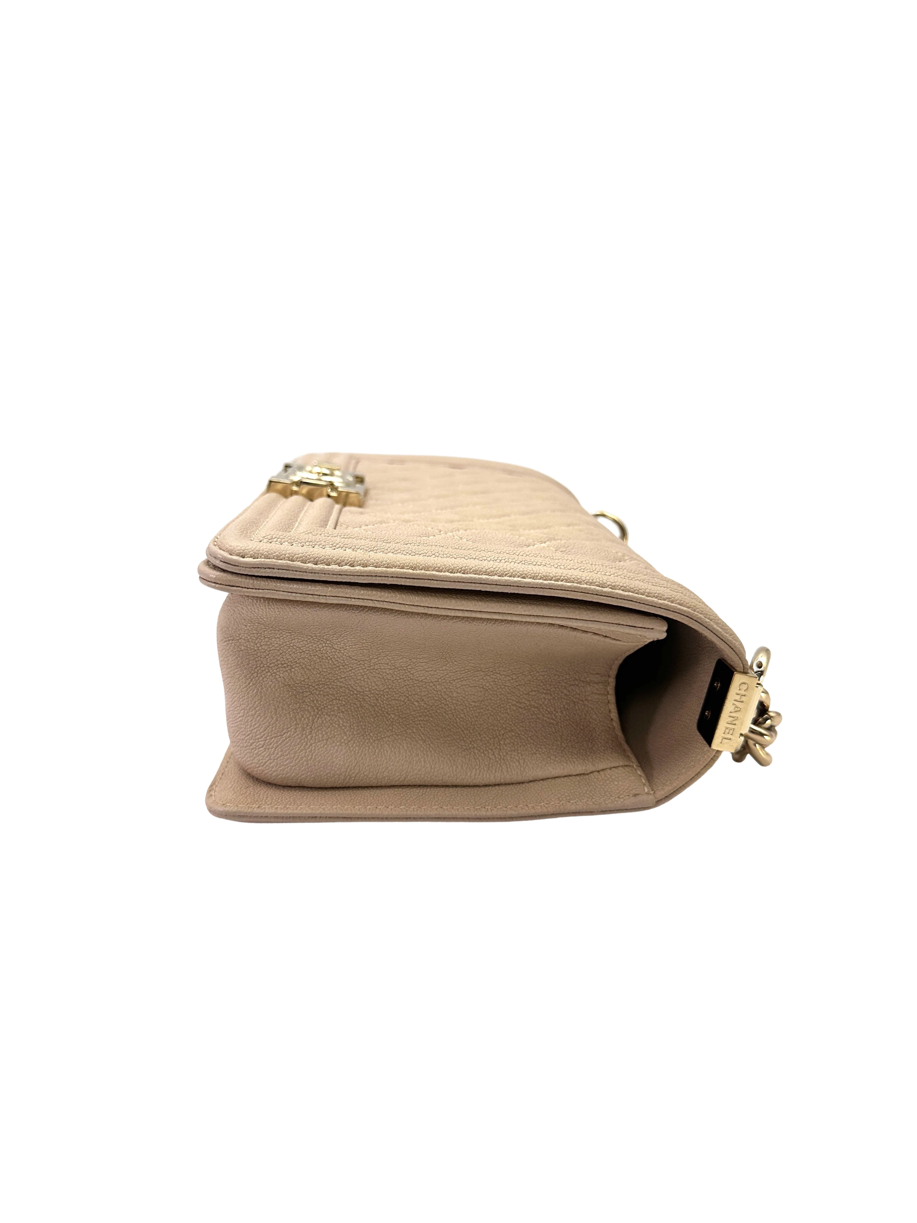 Chanel LeBoy Beige Quilted Leather Medium Size Flap Bag With Gold Buckle(27***20) CC2505