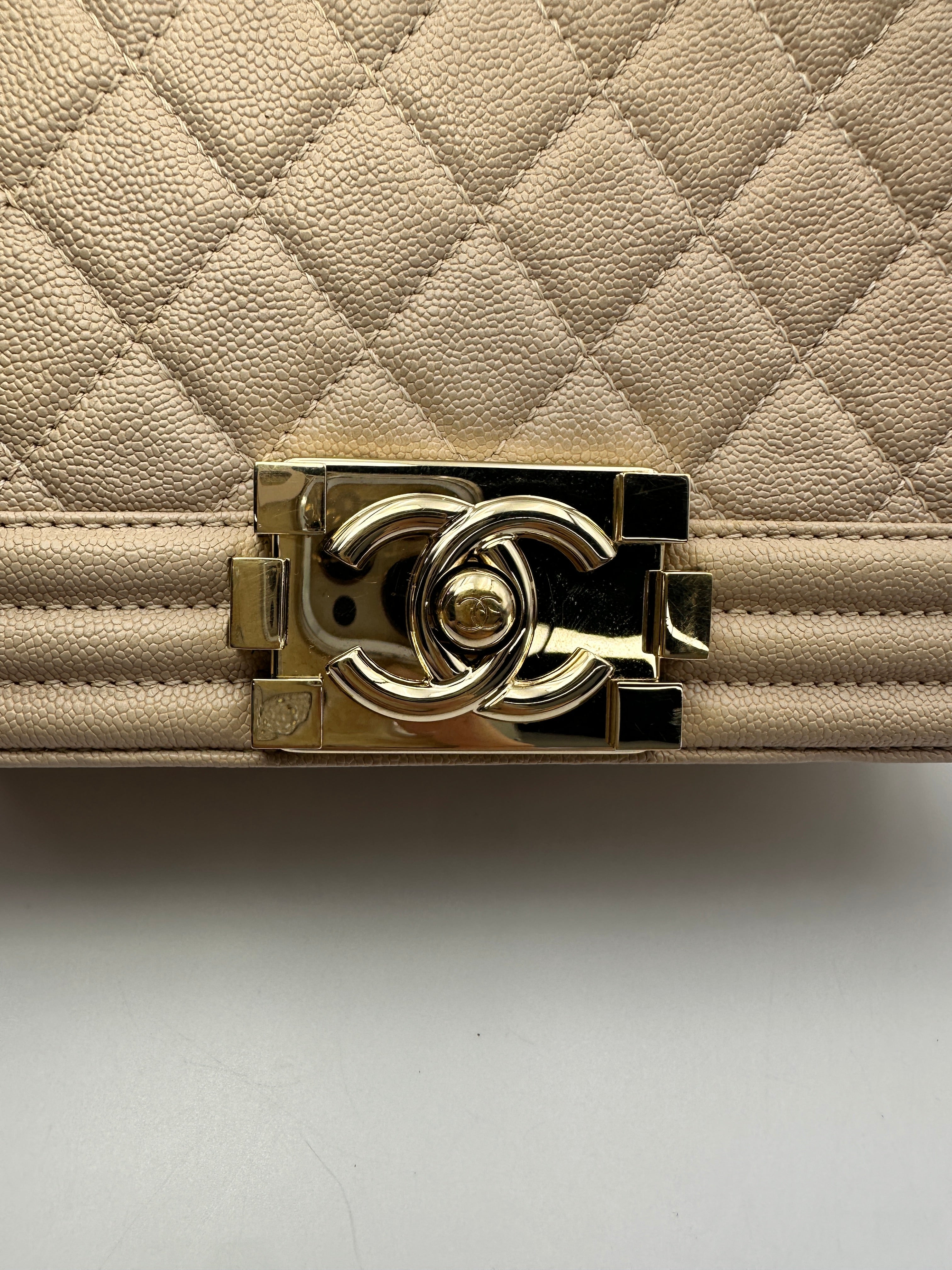Chanel LeBoy Beige Quilted Leather Medium Size Flap Bag With Gold Buckle(27***20) CC2505