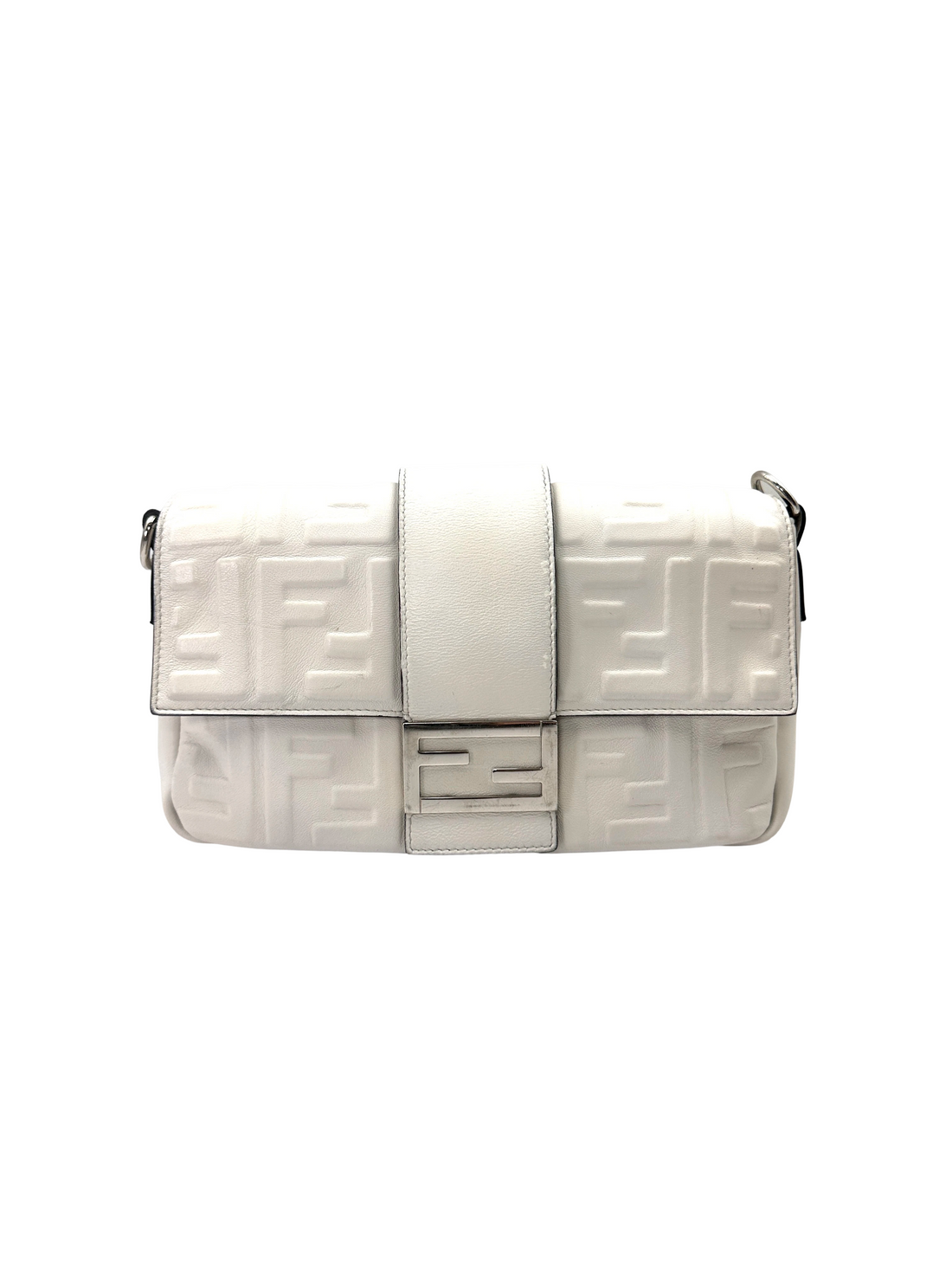 Fendi White FF Embossed Leather Baguette Bag FF135