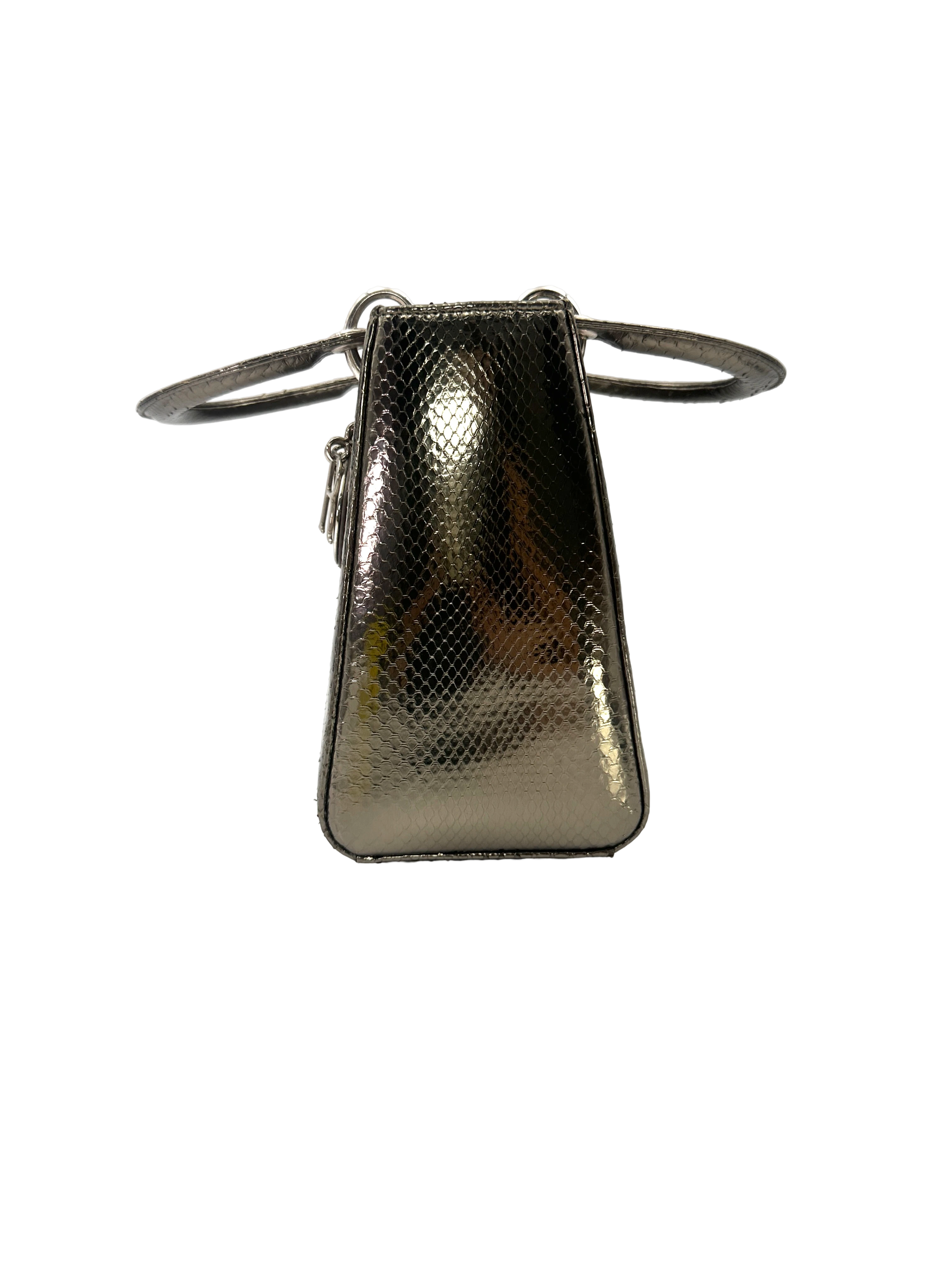Christian Dior Lady Dior Silver Python Leather Handle Bag DR912