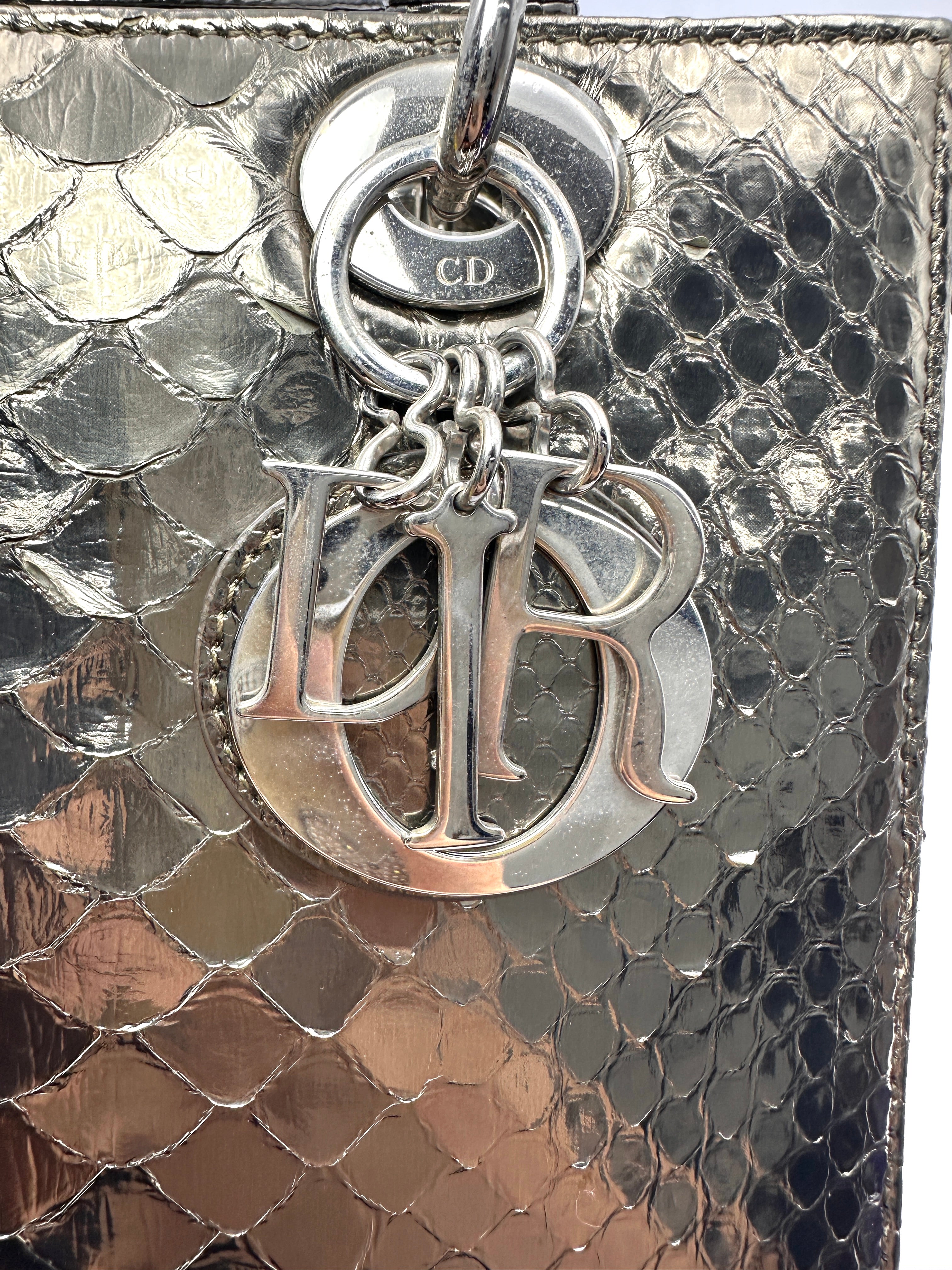 Christian Dior Lady Dior Silver Python Leather Handle Bag DR912