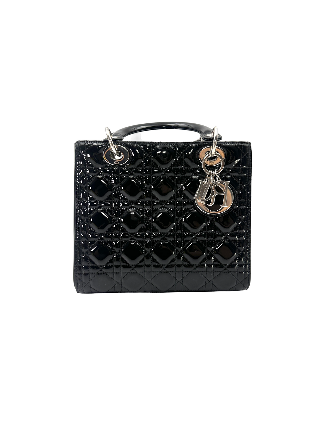 Christian Dior Lady Dior Black Cannage Patent Leather Handle Bag DR909
