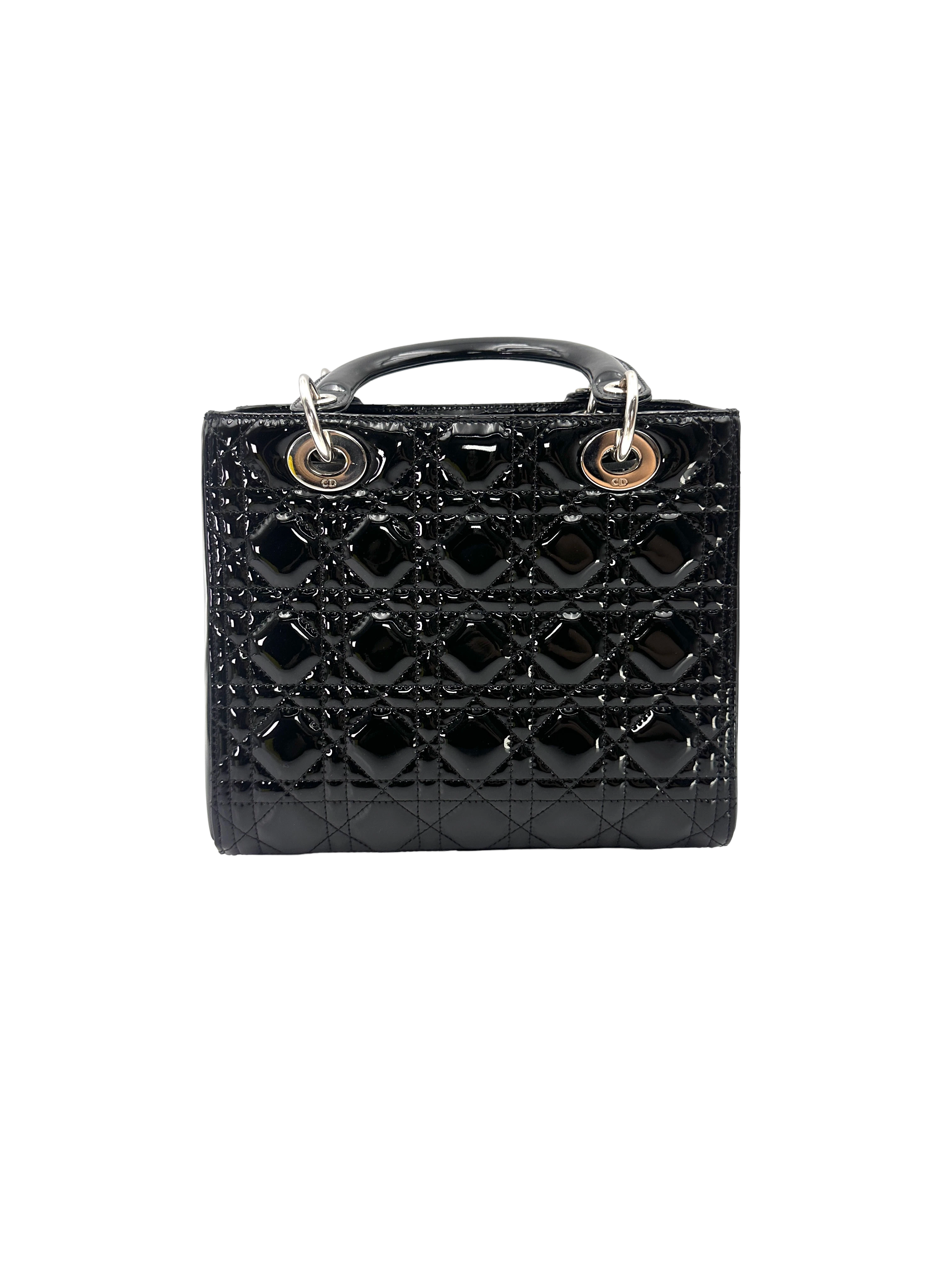Christian Dior Lady Dior Black Cannage Patent Leather Handle Bag DR909