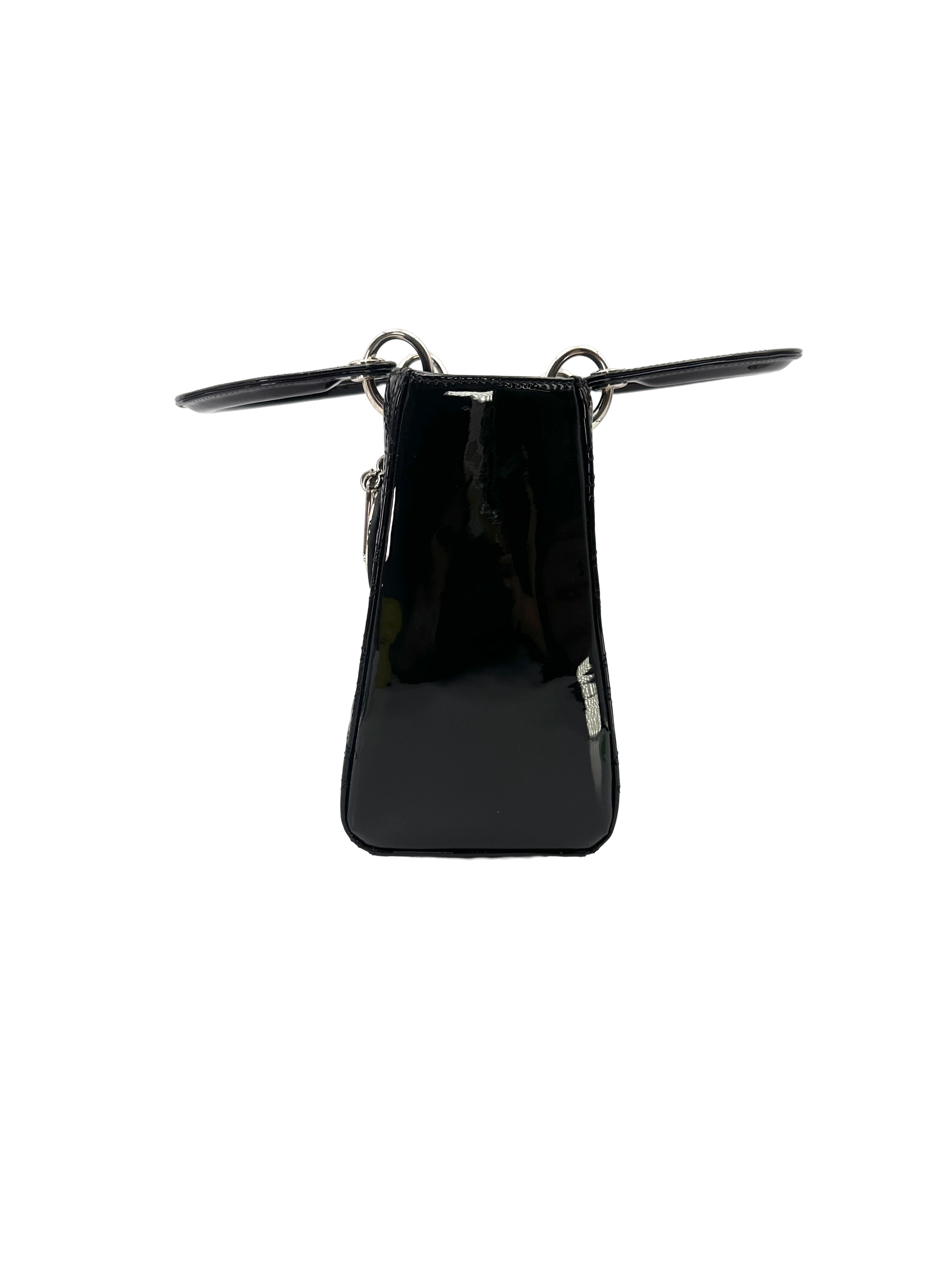 Christian Dior Lady Dior Black Cannage Patent Leather Handle Bag DR909