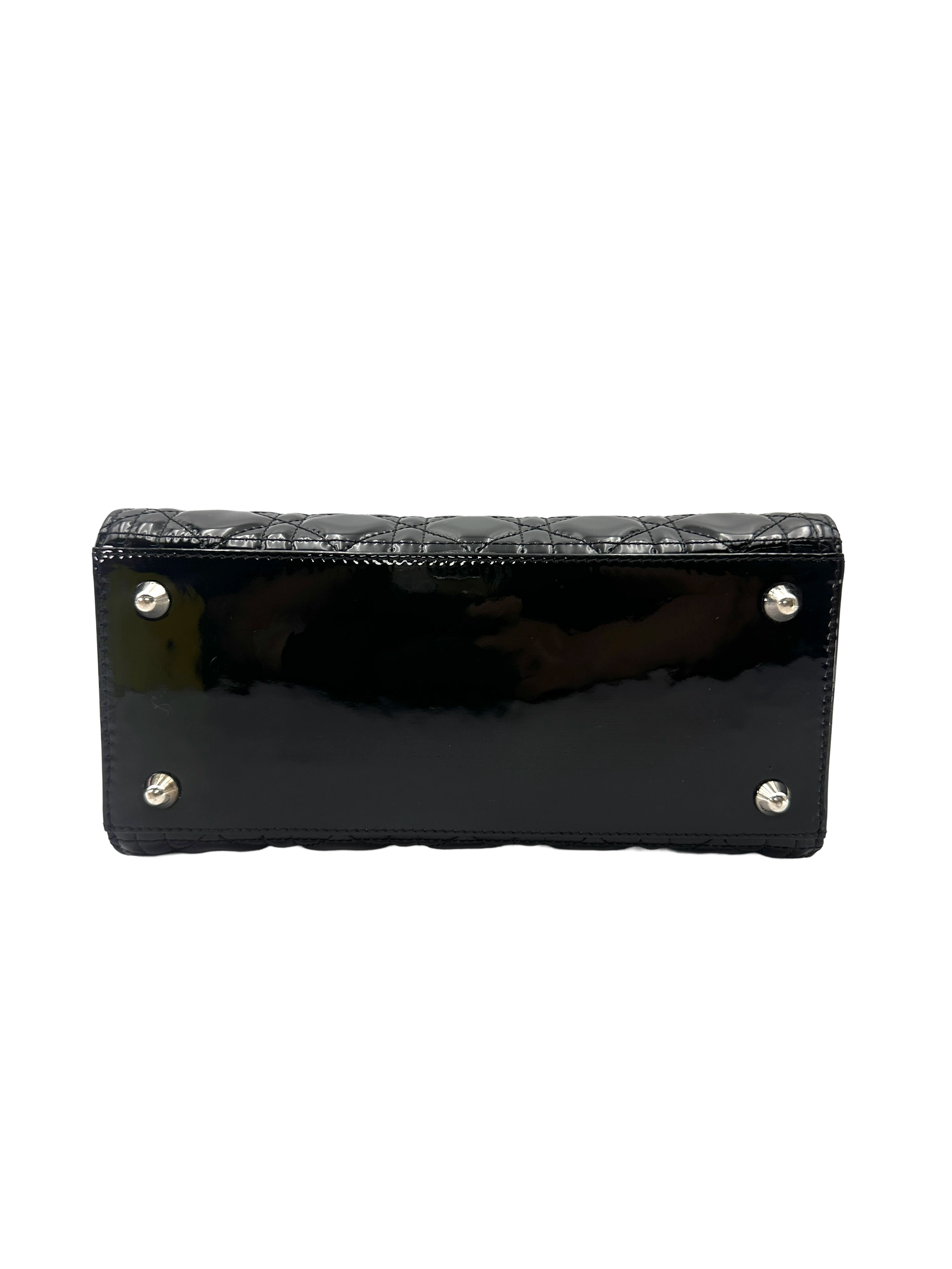 Christian Dior Lady Dior Black Cannage Patent Leather Handle Bag DR909