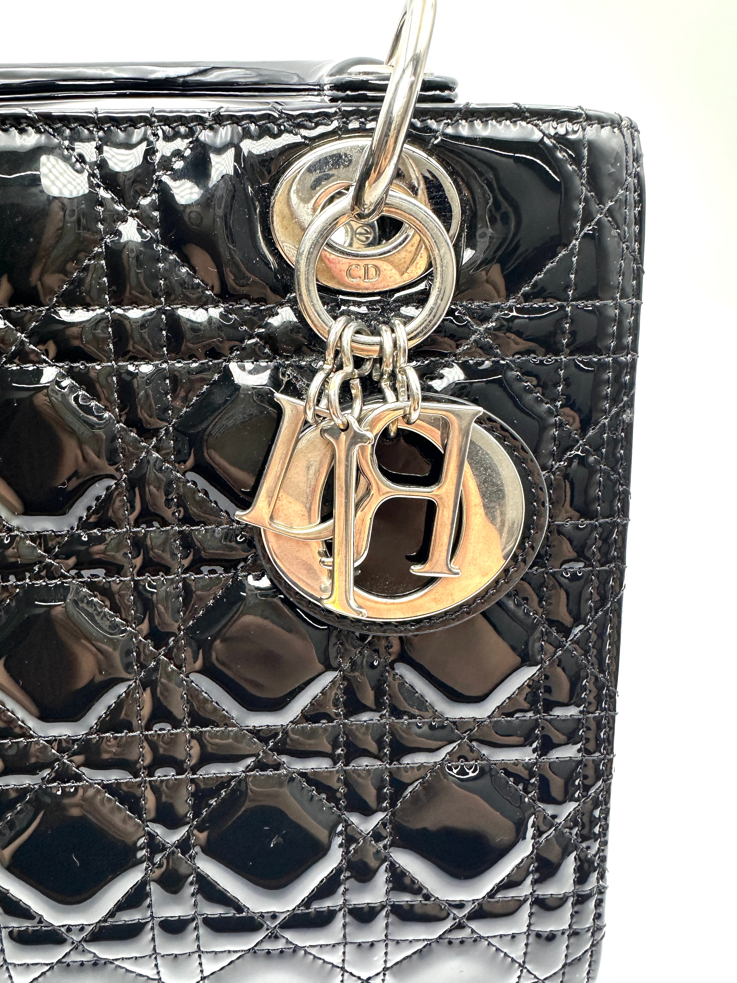 Christian Dior Lady Dior Black Cannage Patent Leather Handle Bag DR909