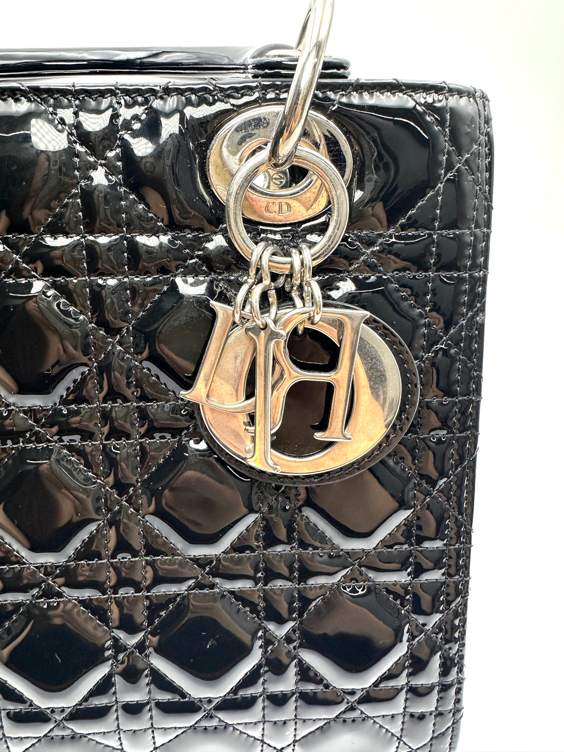 Christian Dior Lady Dior Black Cannage Patent Leather Handle Bag DR909