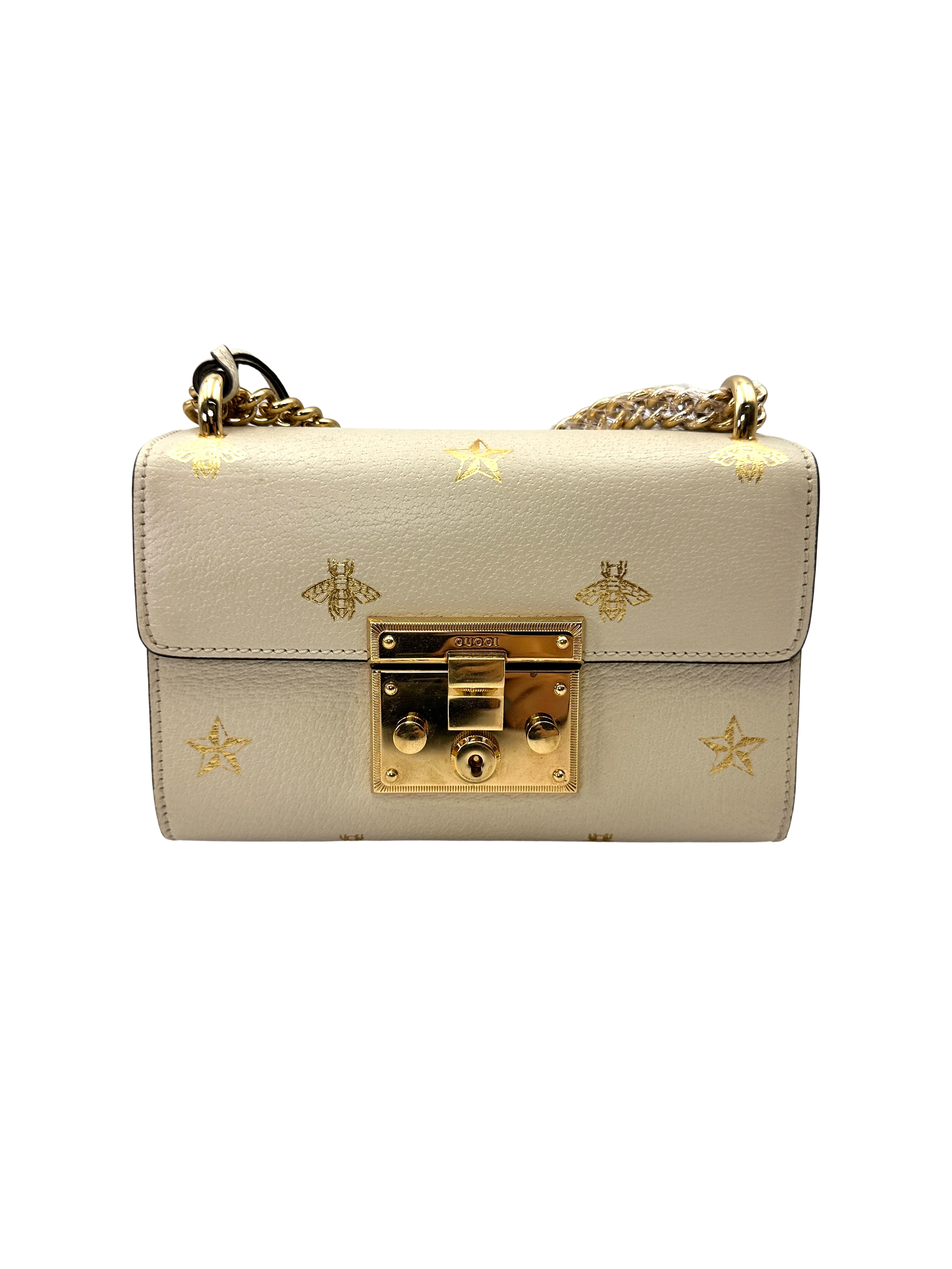 Gucci Padlock Bee Star White Leather Small Size Shoulder Bag GG1388